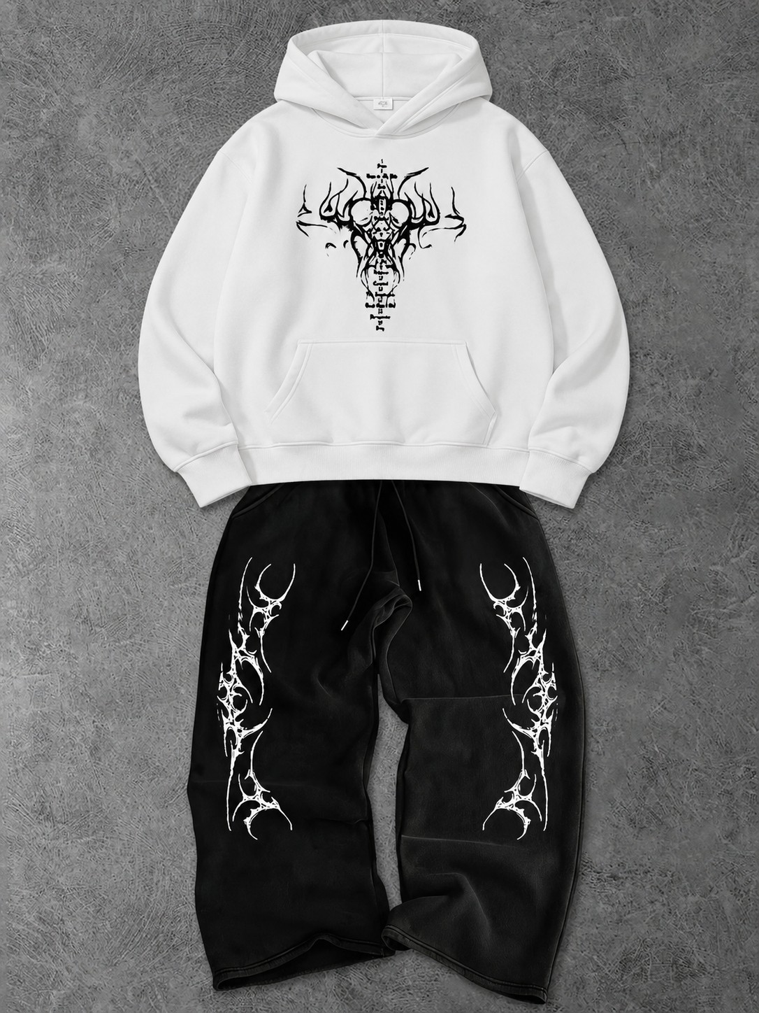 Macklin Unisex Kadın Erkek Punch Baskılı Oversize 3 Iplik Kapüşonlu Sweatshirt ve Baggy Eşofman Altı