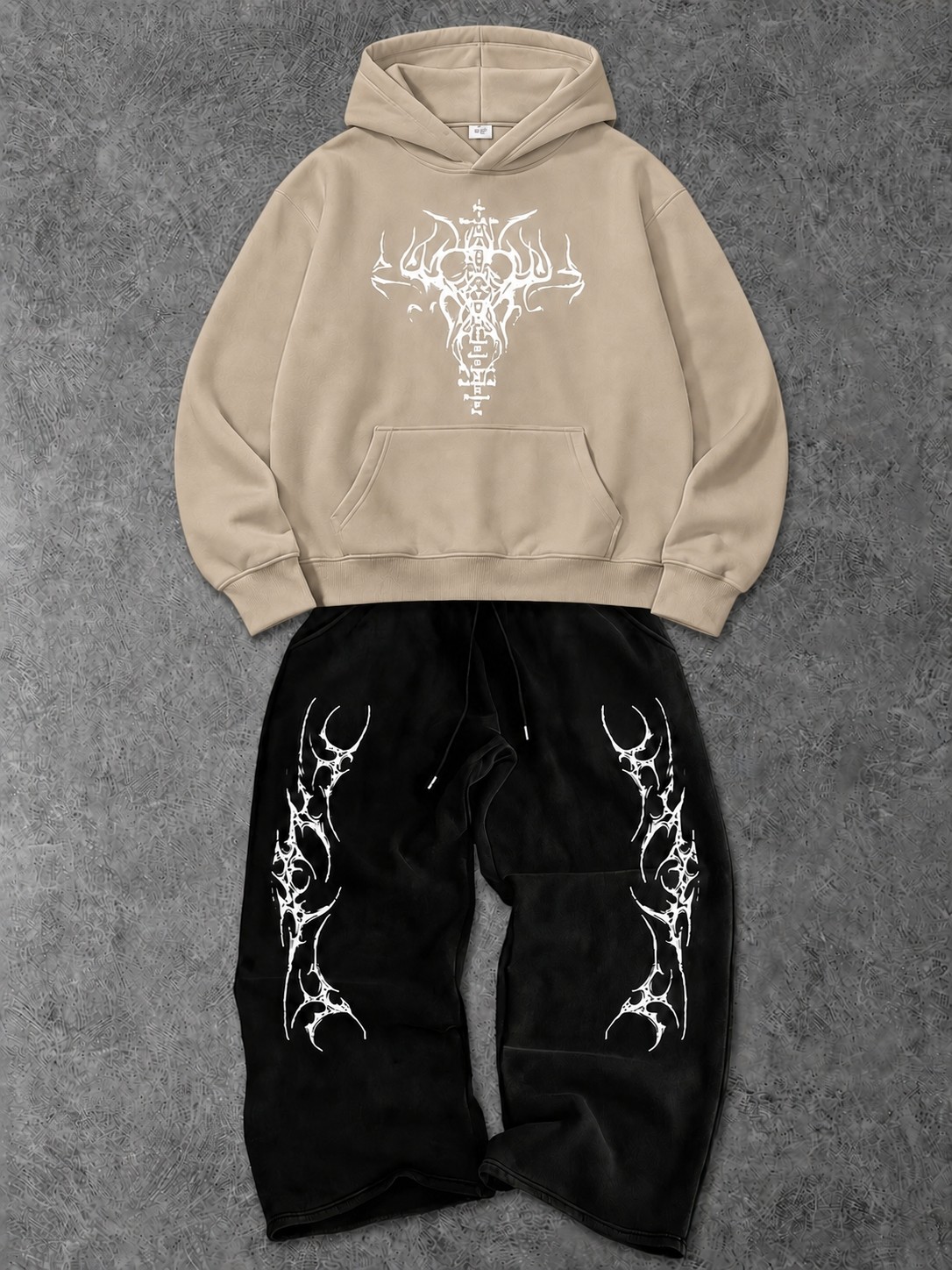 Macklin Unisex Kadın Erkek Punch Baskılı Oversize 3 Iplik Kapüşonlu Sweatshirt ve Baggy Eşofman Altı görsel 5