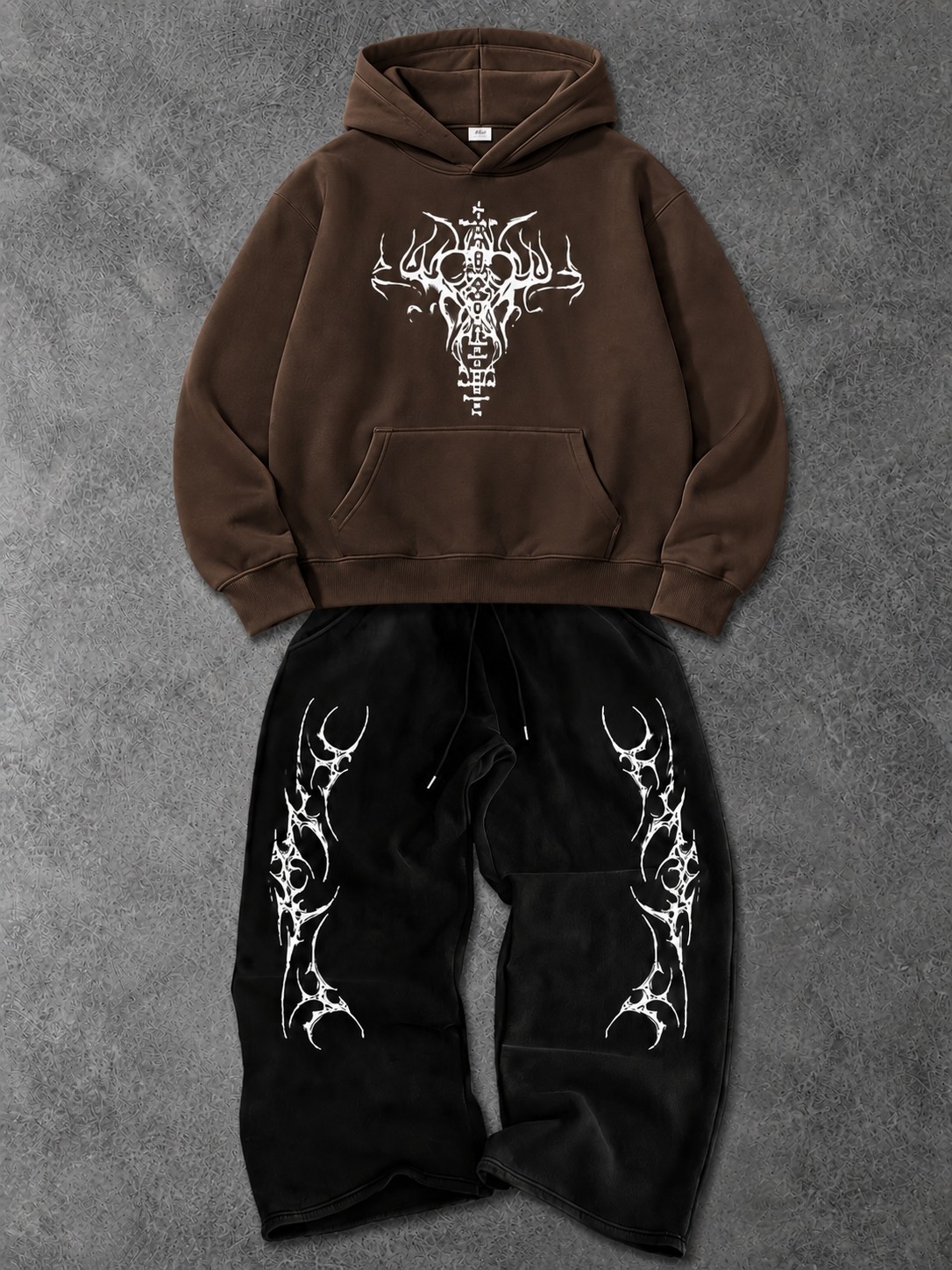 Macklin Unisex Kadın Erkek Punch Baskılı Oversize 3 Iplik Kapüşonlu Sweatshirt ve Baggy Eşofman Altı görsel 7