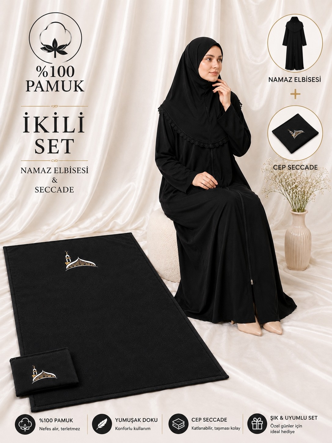 Defka Pamuklu Başörtülü Kadın Namaz Elbisesi ve Cep Seccadesi