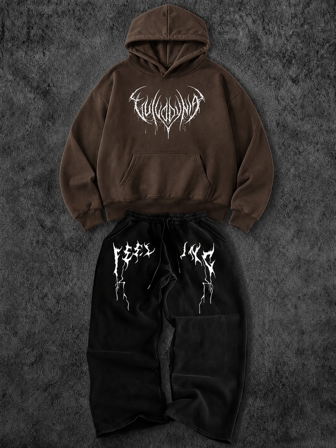 Macklin Unisex Kadın Erkek Feeling Yazı Baskılı Oversize 3 Iplik Kapüşonlu Hoodie ve Baggy Eşofman Altı