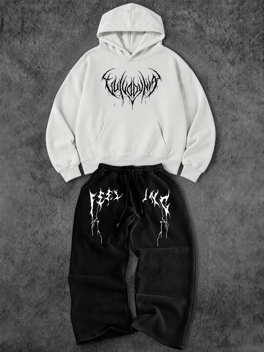 Macklin Unisex Kadın Erkek Feeling Yazı Baskılı Oversize 3 Iplik Kapüşonlu Hoodie ve Baggy Eşofman Altı