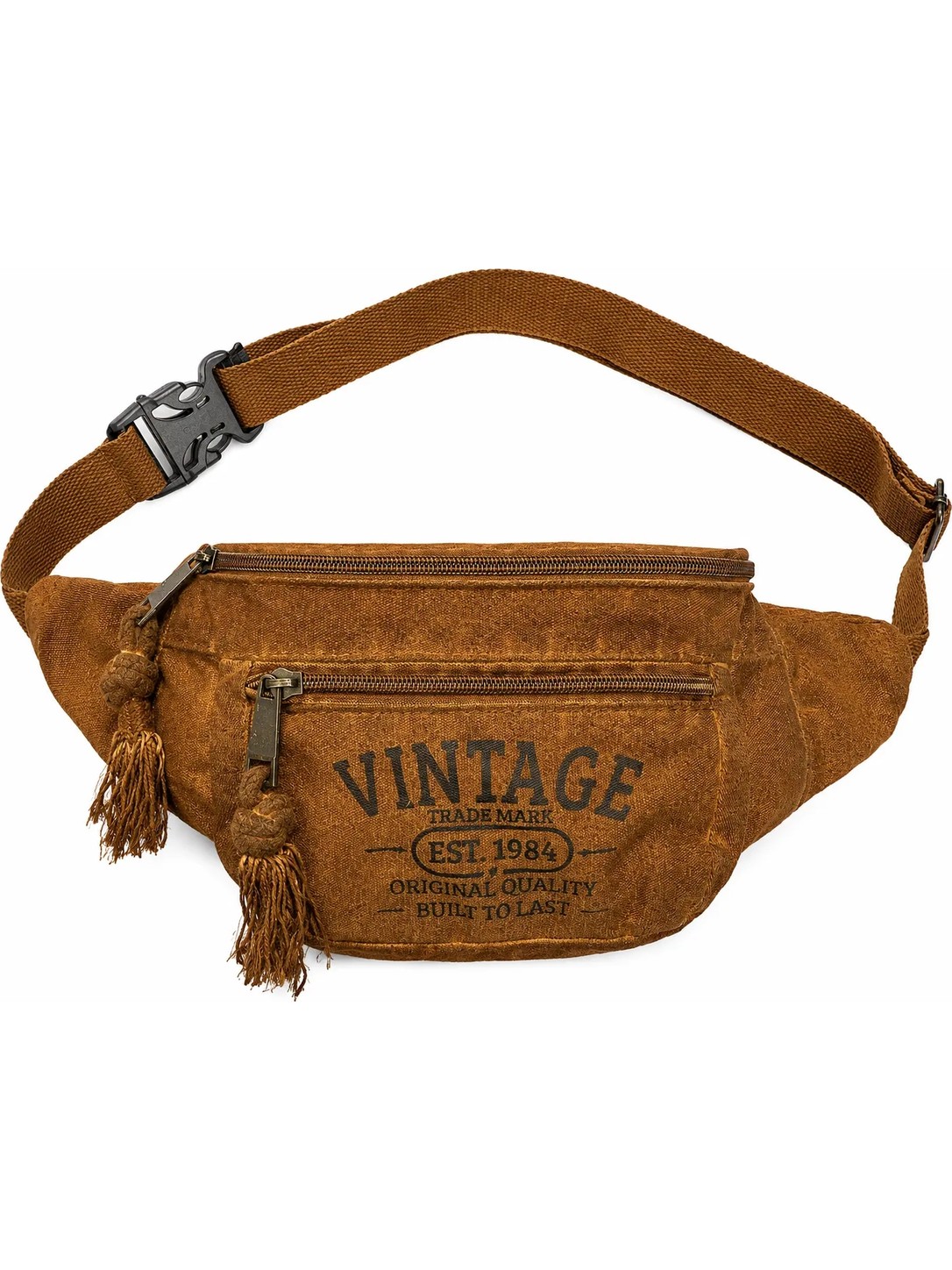 Street Bag Vintage Retro Tasarım Kanvas Çapraz Bel Çantası Püskül Detaylı Retro Çok Gözlü Bel Çantası görsel 4