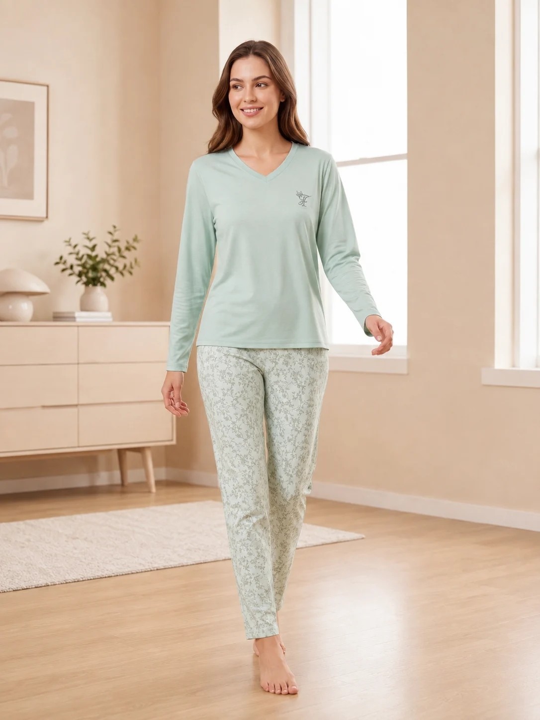 Flz Kadın Viskon Pijama Takımı Kışlık Uzun Kollu V Yaka Desenli Rahat Pijama M L Xl Xxl 89-158 görsel 8