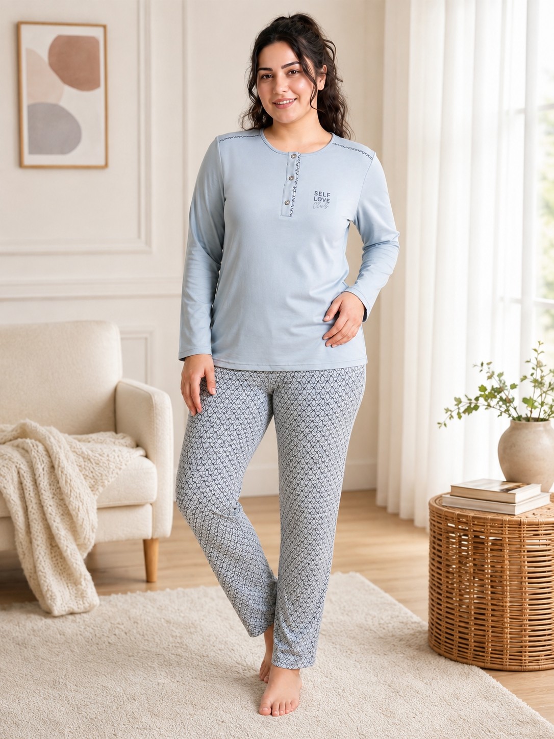 Flz Kadın Büyük Beden Kışlık Viskon Pijama Takımı 3xl 4xl 5xl 6xl | Uzun Kollu 3 Düğmeli B89-101 görsel 7