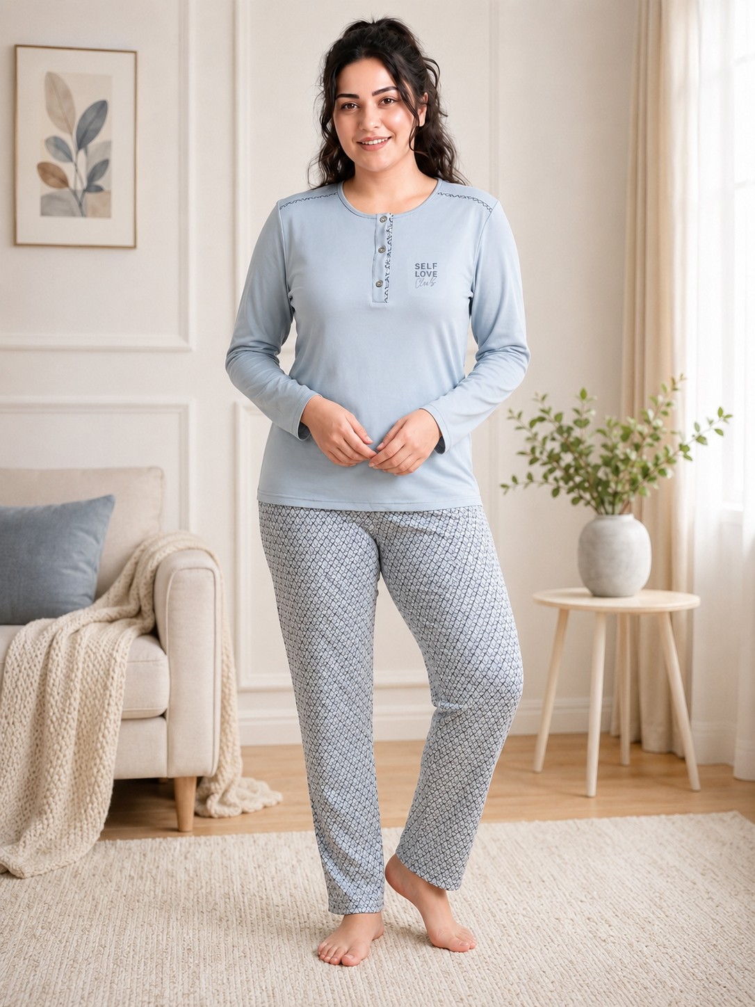 Flz Kadın Büyük Beden Kışlık Viskon Pijama Takımı 3xl 4xl 5xl 6xl | Uzun Kollu 3 Düğmeli B89-101 görsel 8