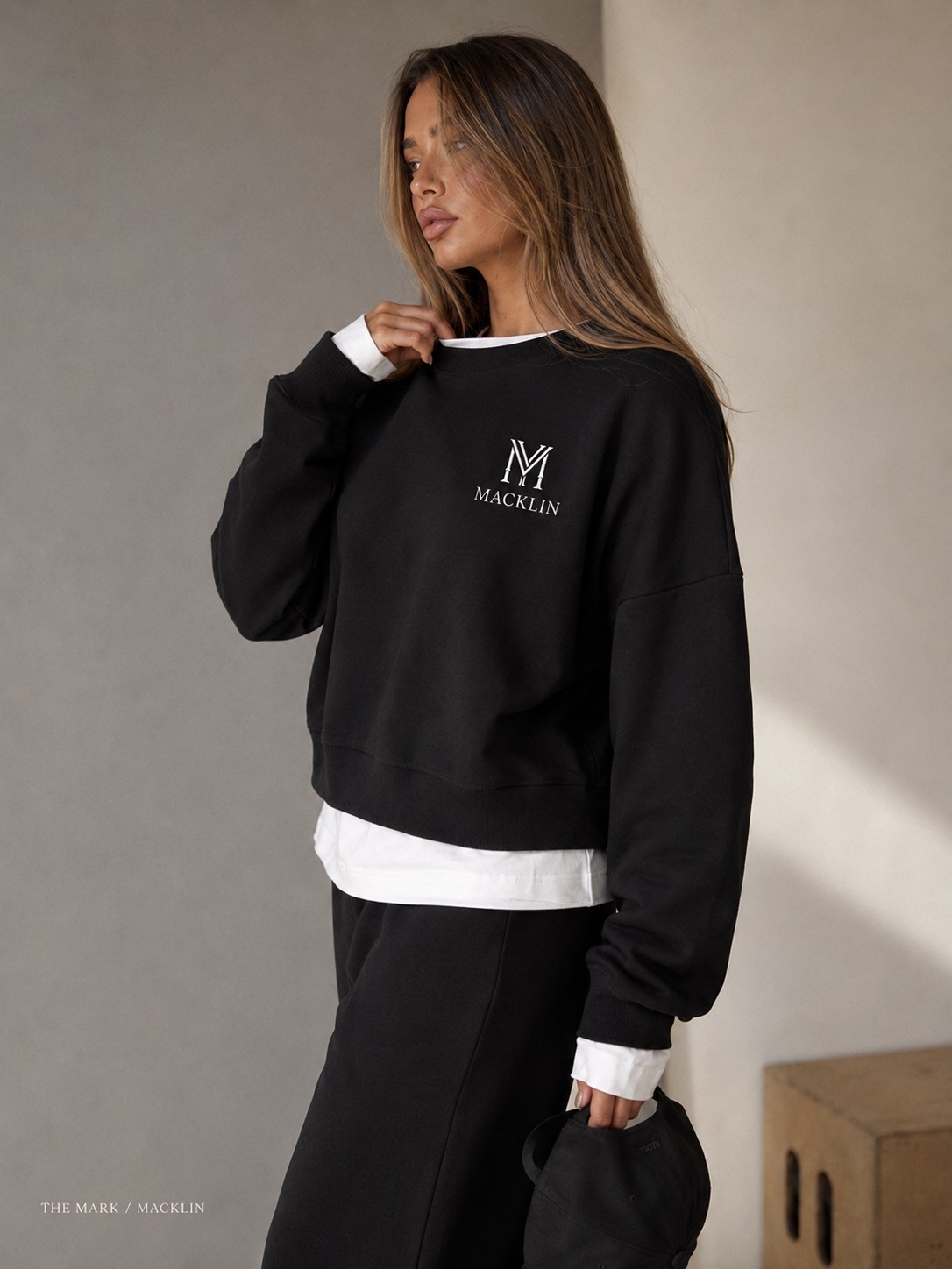 Macklin Unisex Kadın Erkek Monogram Baskılı Oversize 3 Iplik Bisiklet Yaka Sweatshirt ve Baggy Eşofman Altı