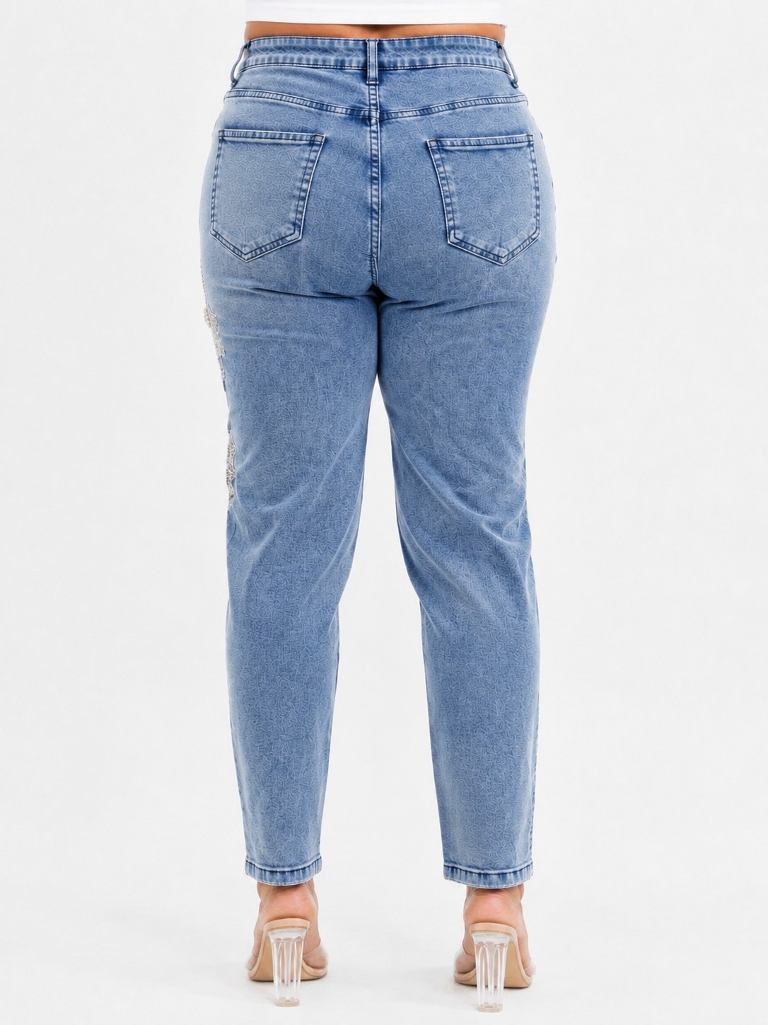 Trieste Wear Büyük Beden Yüksek Bel Çiçek Dantel ve Inci Detaylı Denim Kadın Pantolon görsel 6