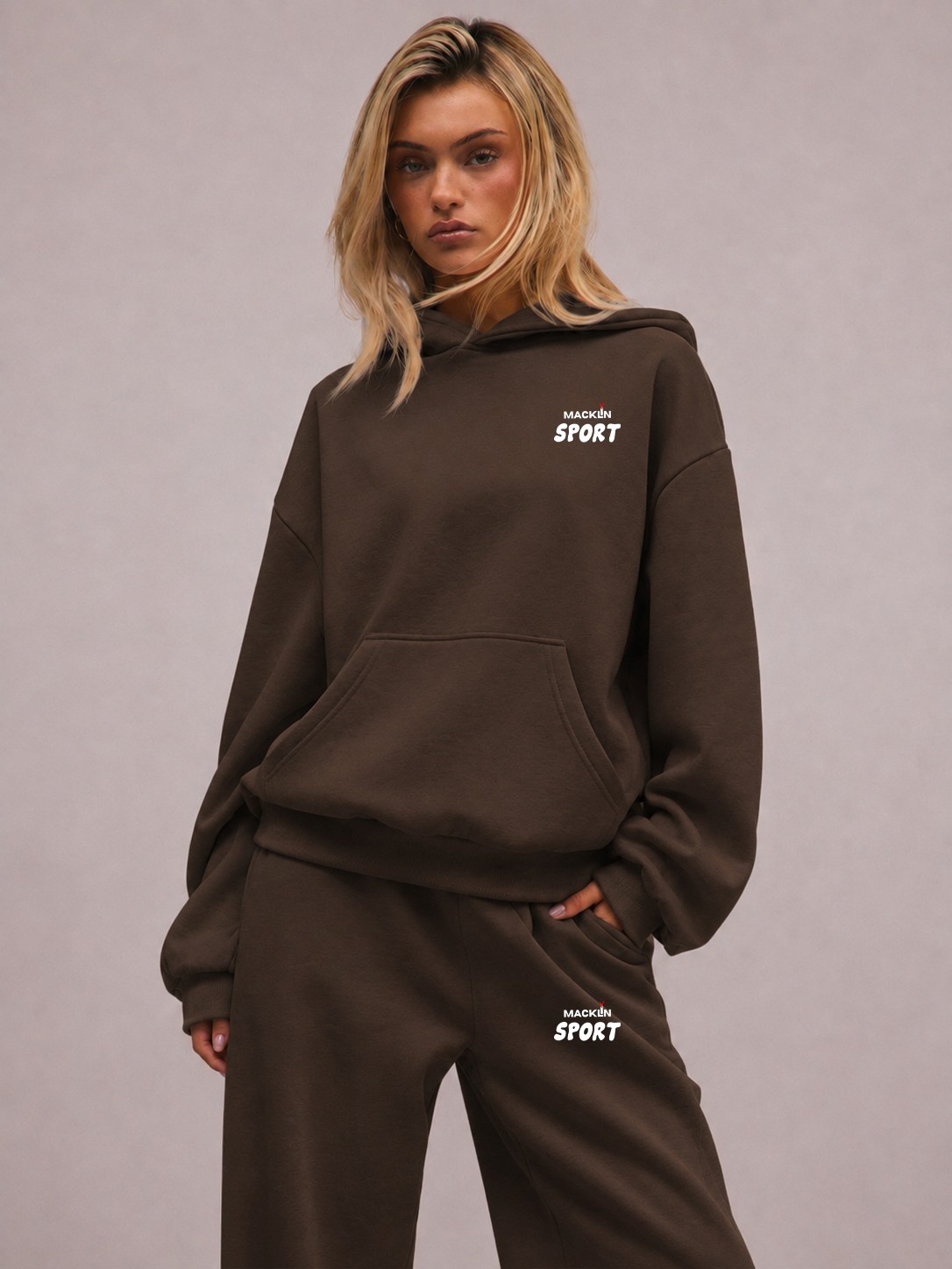 Macklin Unisex Kadın Erkek Macklin Sport Minimal Yazı Baskılı Oversize 3 Iplik Kapüşonlu Sweatshirt ve Baggy Eşofman Altı görsel 8