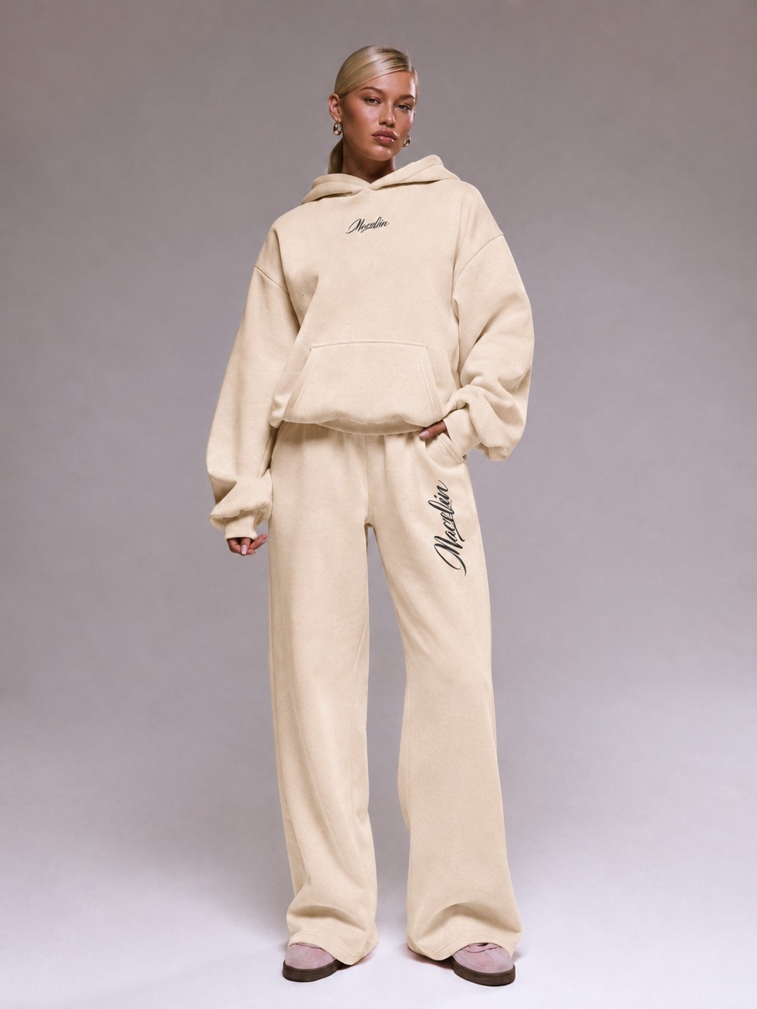 Macklin Unisex Kadın Erkek Tasarım Macklin Yazı Baskılı Oversize 3 Iplik Kapüşonlu Sweatshirt ve Baggy Eşofman Altı görsel 5