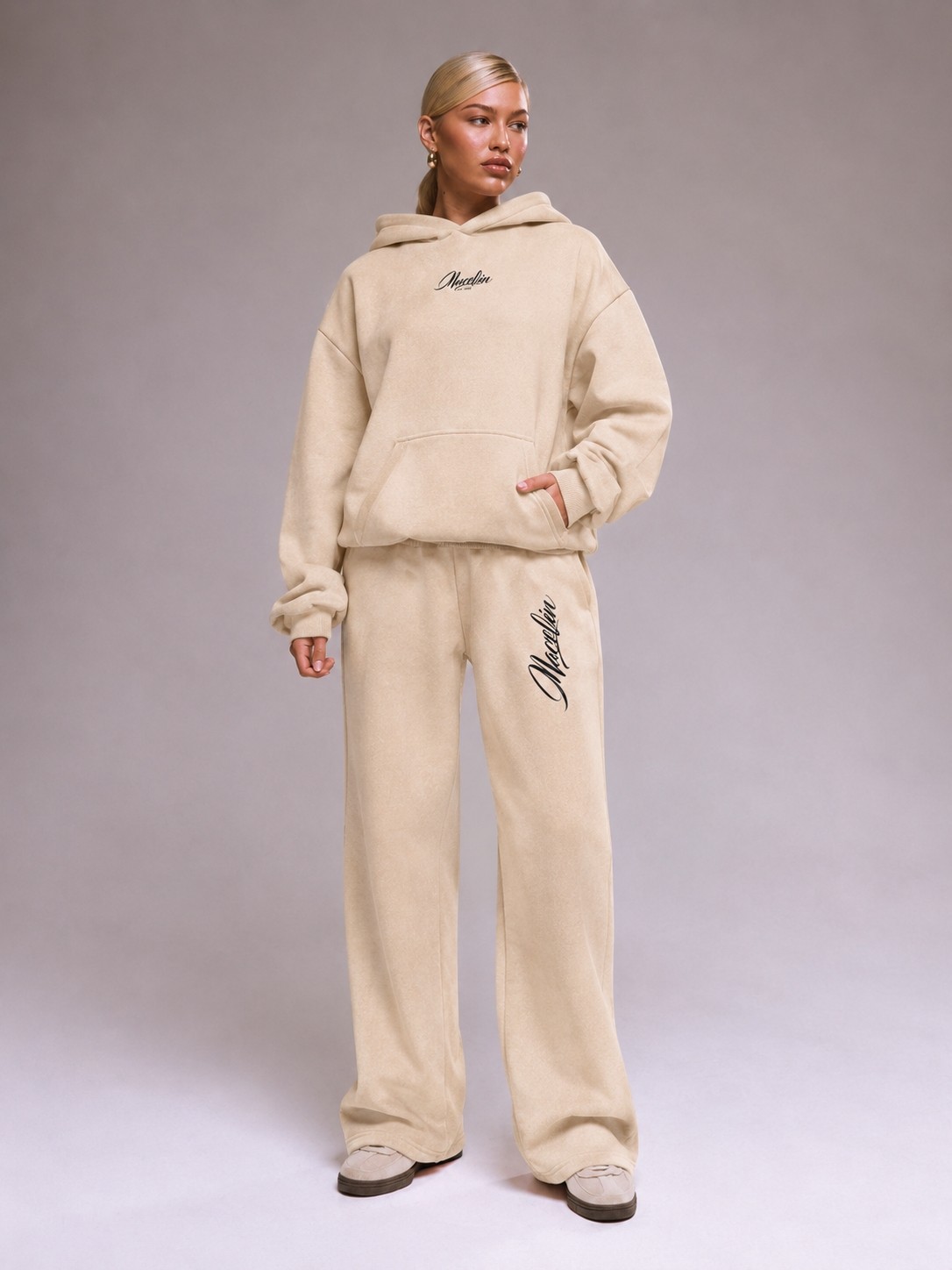 Macklin Unisex Kadın Erkek Tasarım Macklin Yazı Baskılı Oversize 3 Iplik Kapüşonlu Sweatshirt ve Baggy Eşofman Altı görsel 6