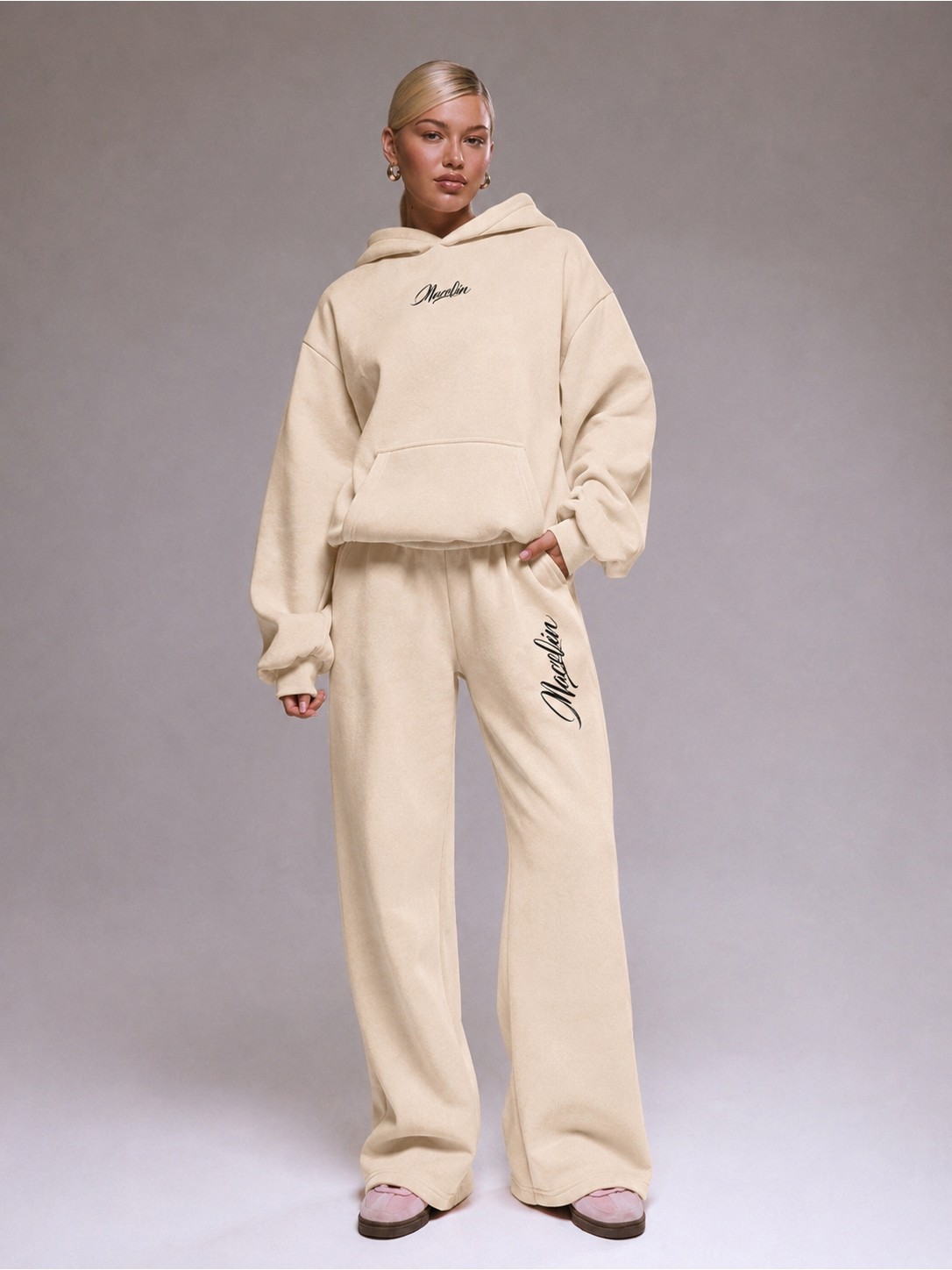 Macklin Unisex Kadın Erkek Tasarım Macklin Yazı Baskılı Oversize 3 Iplik Kapüşonlu Sweatshirt ve Baggy Eşofman Altı görsel 7