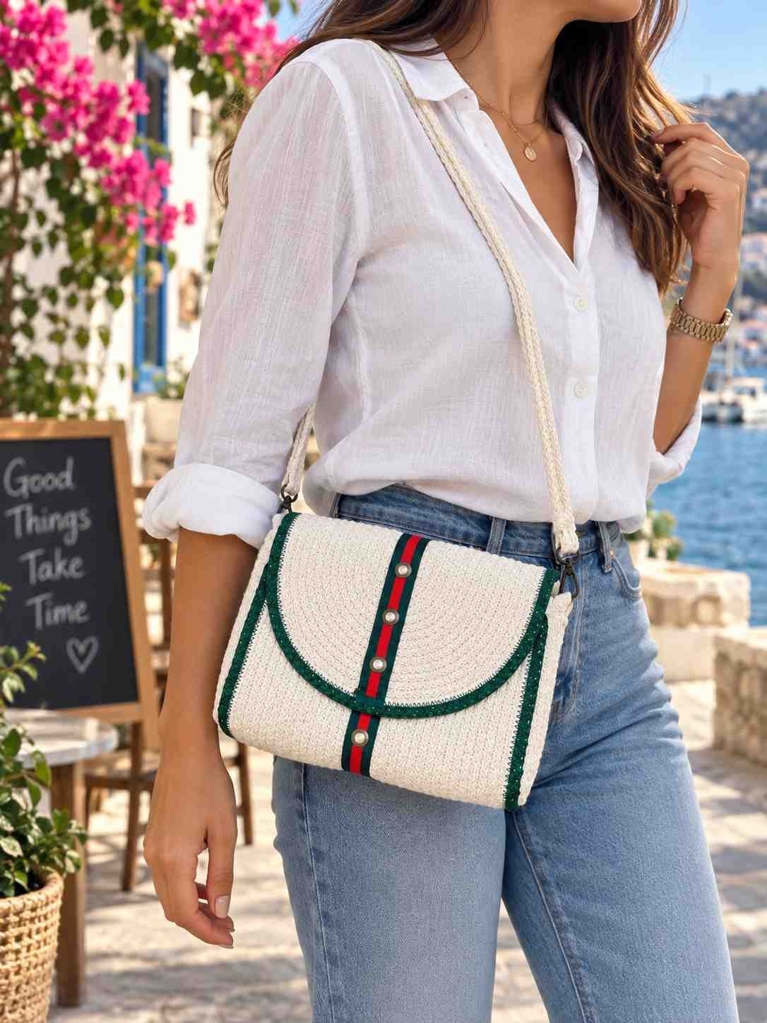Ck Desing Kadın Hasır Çapraz Çanta, Örgü Omuz Çantası, Günlük ve Yazlık Şık Çanta görsel 6