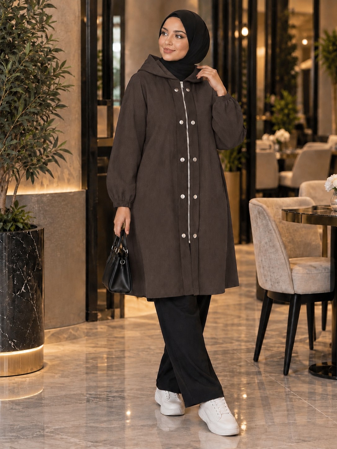 Esra Butik 🤎💙 Kaliteli Tensel Kumaş Kapüşonlu Giy-Çık Kap, Lacivert & Kahverengi