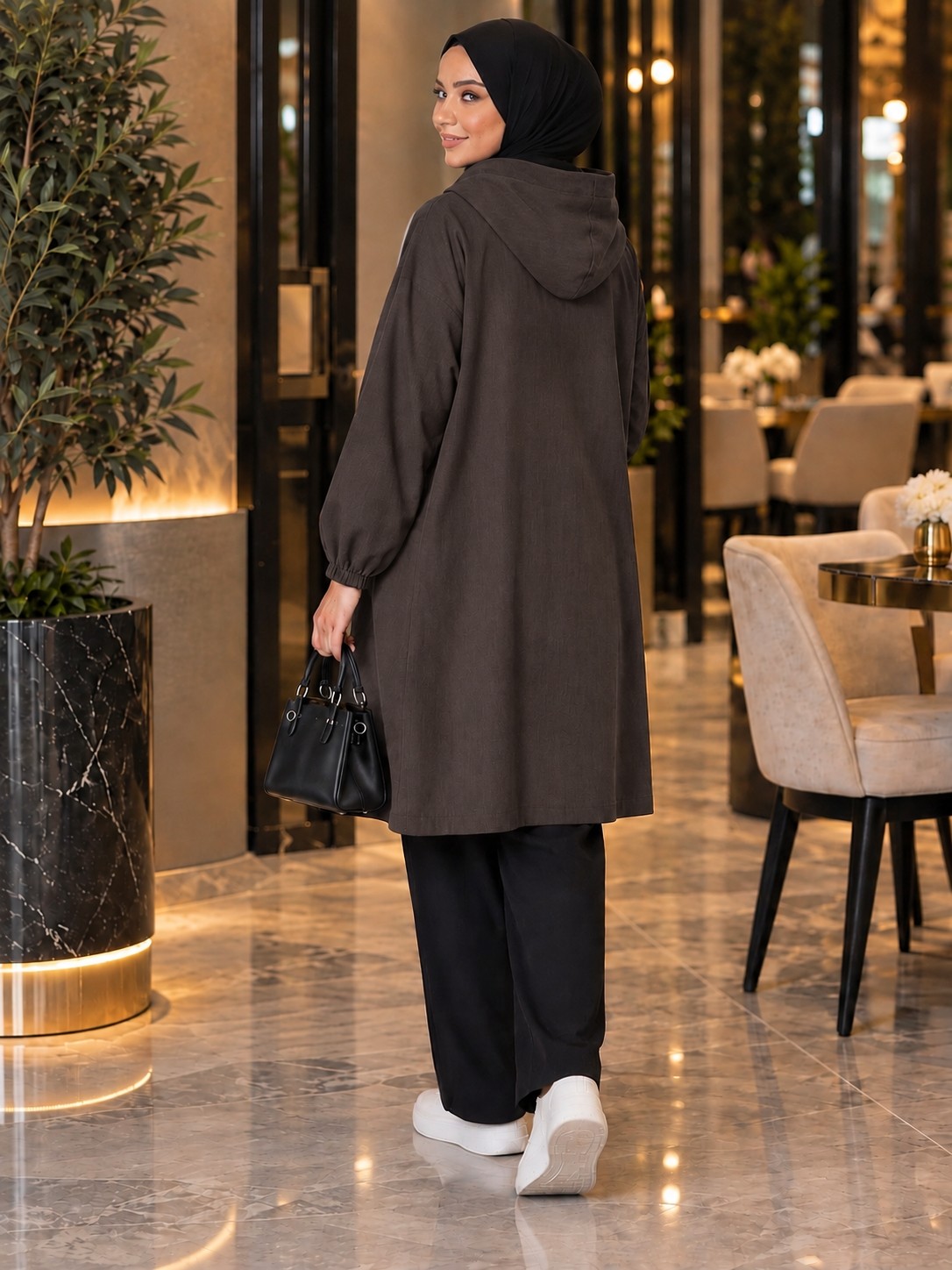 Esra Butik 🤎💙 Kaliteli Tensel Kumaş Kapüşonlu Giy-Çık Kap, Lacivert & Kahverengi görsel 3