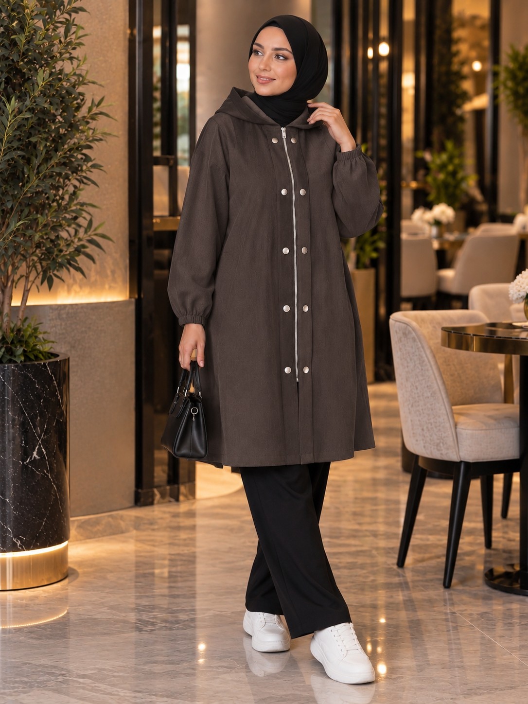 Esra Butik 🤎💙 Kaliteli Tensel Kumaş Kapüşonlu Giy-Çık Kap, Lacivert & Kahverengi görsel 4