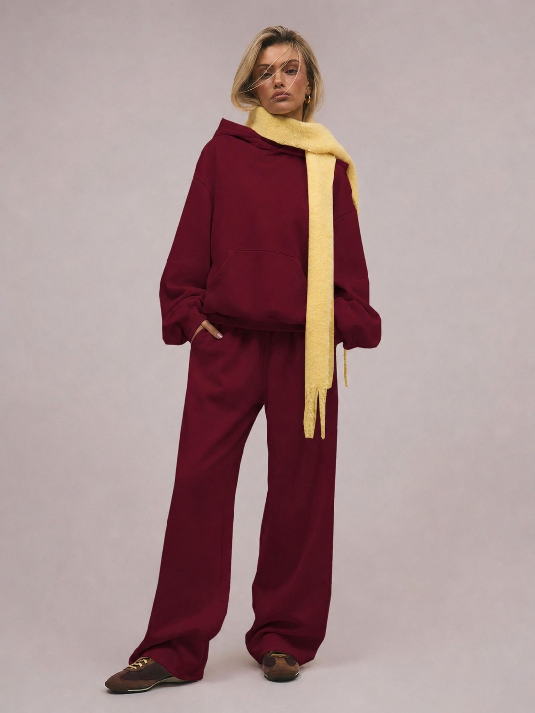 Macklin Unisex Kadın Erkek Baskısız Rahat Kalıp Oversize 3 Iplik Kapüşonlu Hoodie ve Baggy Eşofman Altı