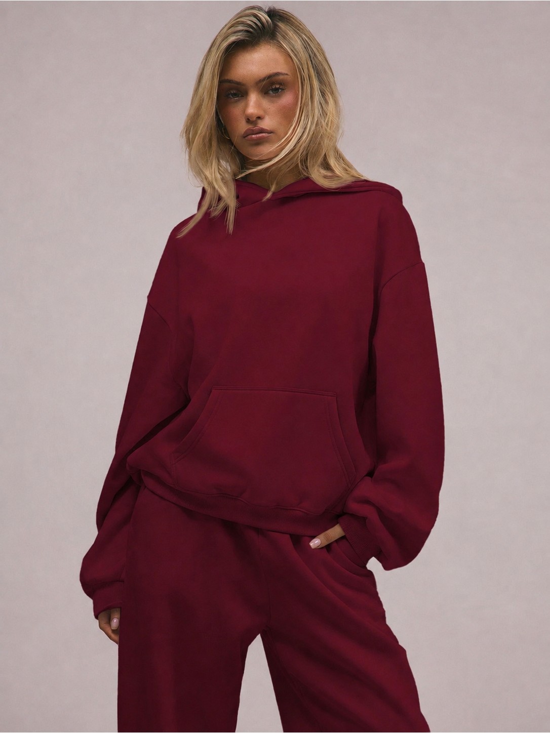 Macklin Unisex Kadın Erkek Baskısız Rahat Kalıp Oversize 3 Iplik Kapüşonlu Hoodie ve Baggy Eşofman Altı görsel 2