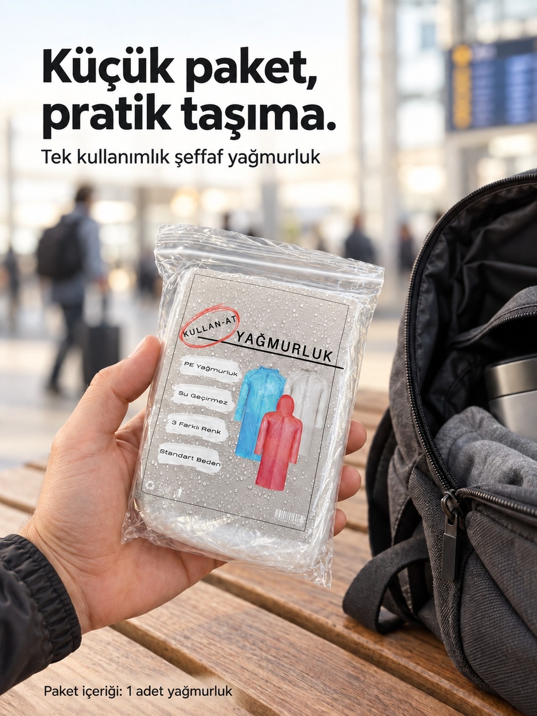 Omd Tek Kullanımlık Şeffaf Pe Yağmurluk Kapüşonlu Çıtçıtlı Standart Beden 1 Adet görsel 3