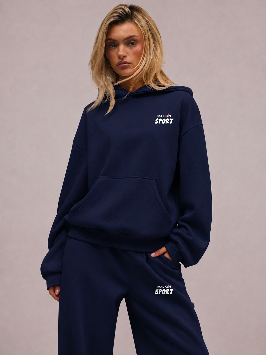 Macklin Unisex Kadın Erkek Macklin Sport Minimal Yazı Baskılı Oversize 3 Iplik Kapüşonlu Sweatshirt ve Baggy Eşofman Altı