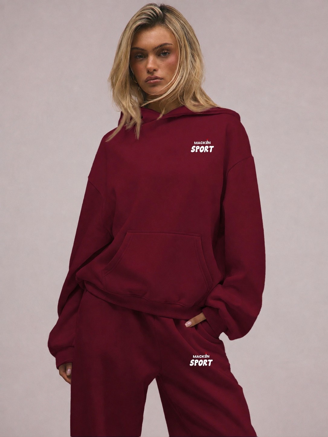 Macklin Unisex Kadın Erkek Macklin Sport Minimal Yazı Baskılı Oversize 3 Iplik Kapüşonlu Sweatshirt ve Baggy Eşofman Altı