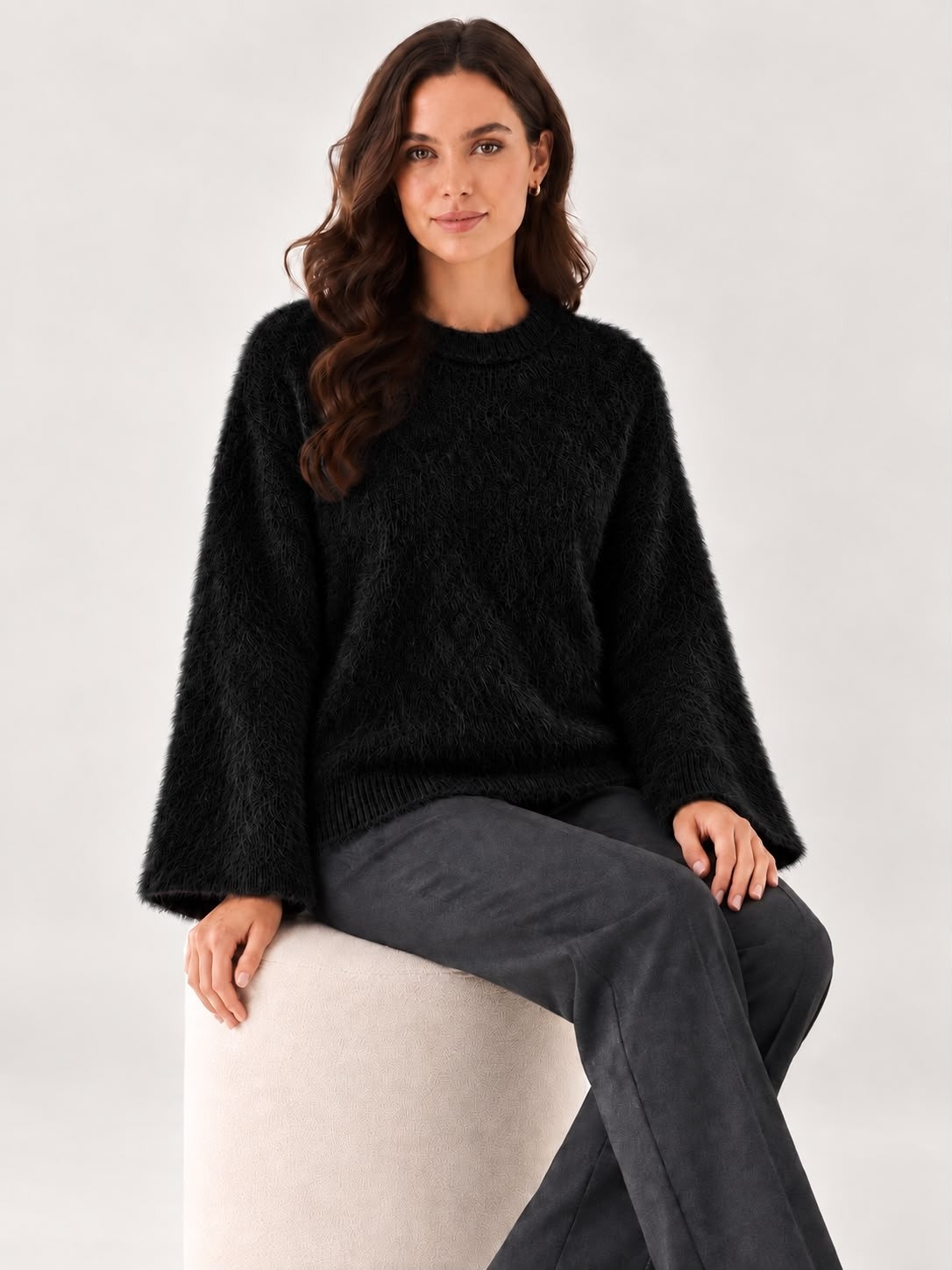 SFG Life Moda Kadın Sakallı Şardonlu Triko Oversize Bisiklet Yaka Geniş Kollu Kışlık Kazak