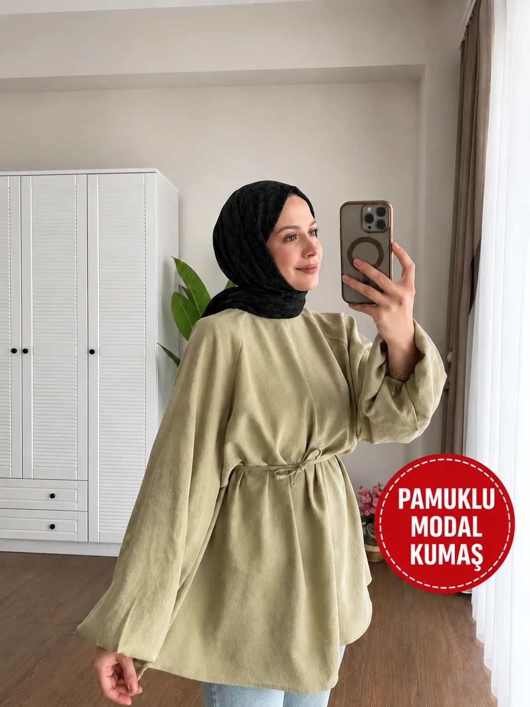 Moonsc Kadın Balon Kol Bel Bağlamalı Tesettür Tunik Modal Kumaş Haki