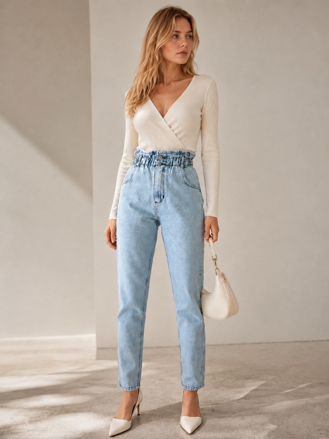 Shevega Kadın Karsiyah Yüksek Bel Çift Düğmeli Kemer Büzgülü Mom Jeans Kot Pantolon görsel 2