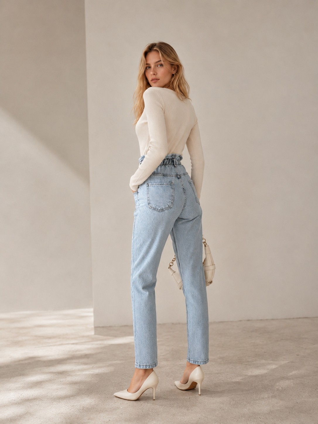Shevega Kadın Karsiyah Yüksek Bel Çift Düğmeli Kemer Büzgülü Mom Jeans Kot Pantolon görsel 3