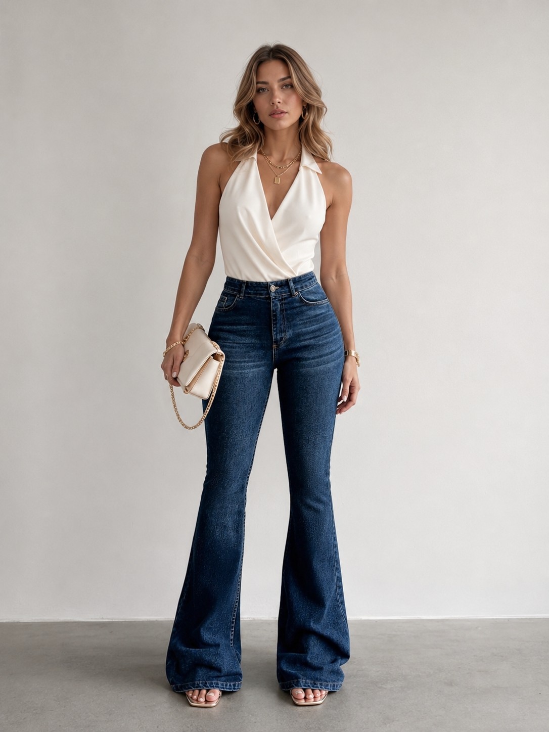 Shevega Kadın Lacivert Bıyık Yıkamalı Işlemeli Ispanyol Paça Denim Kot Pantolon