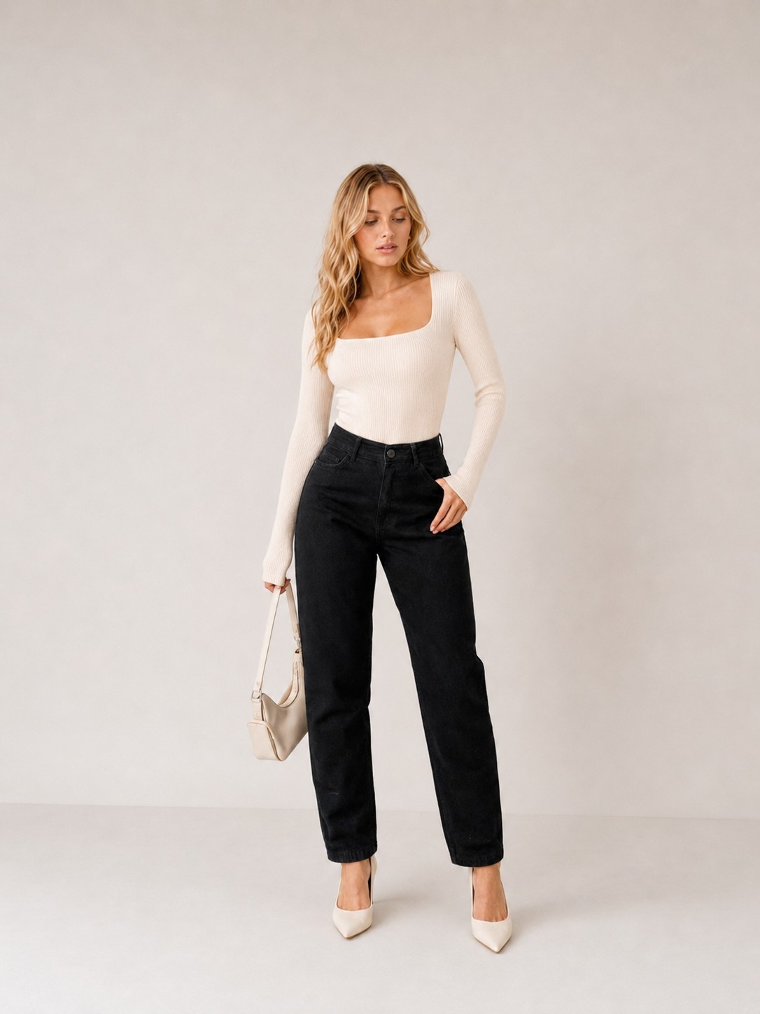 Shevega Kadın Siyah Tam Kalıp Yüksek Bel Mom Denim/kot Pantolon Jeans