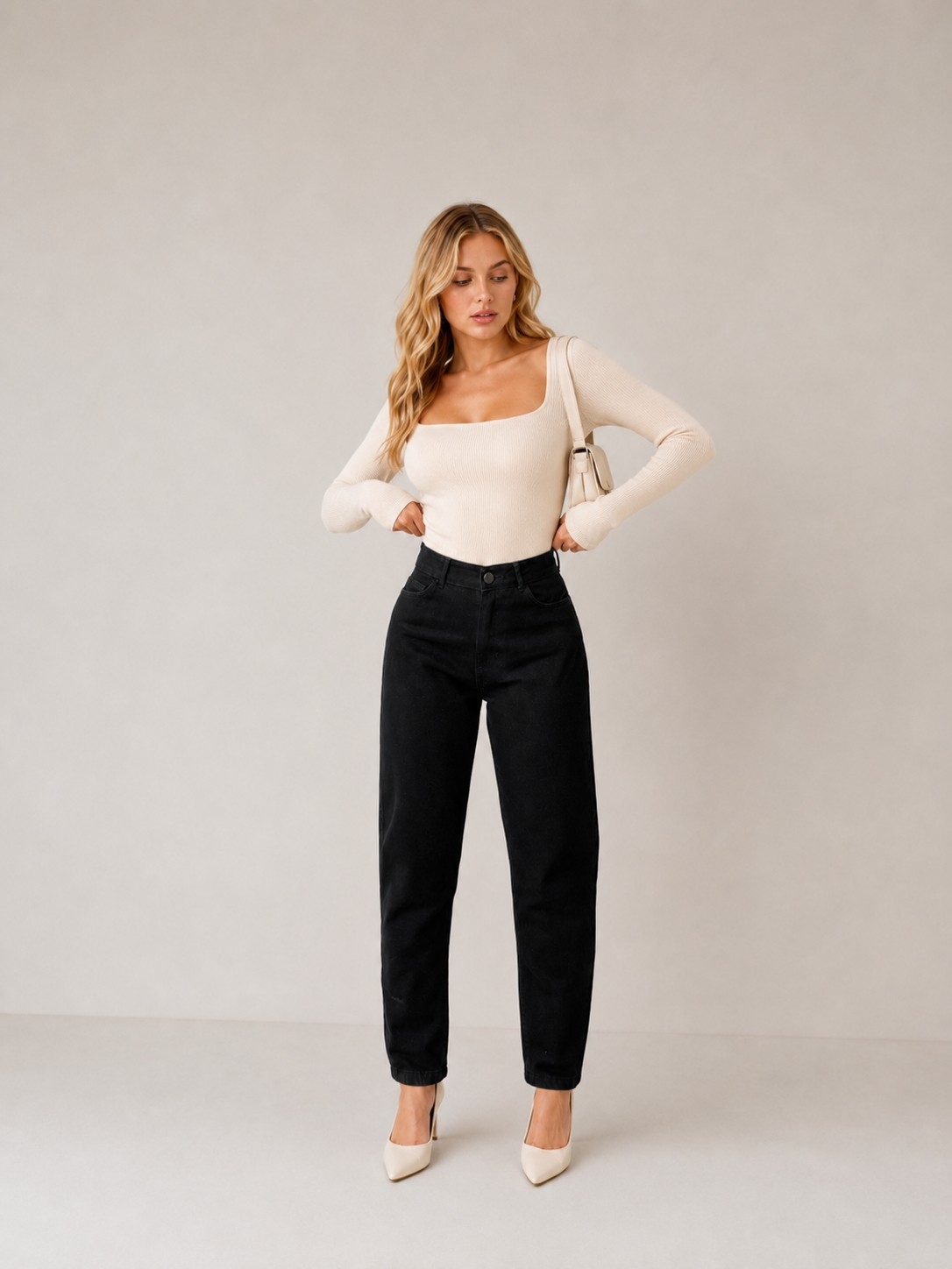 Shevega Kadın Siyah Tam Kalıp Yüksek Bel Mom Denim/kot Pantolon Jeans görsel 2