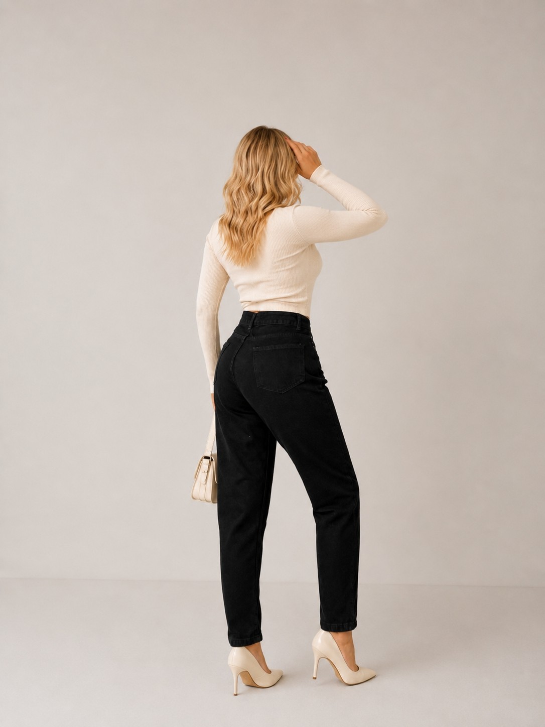 Shevega Kadın Siyah Tam Kalıp Yüksek Bel Mom Denim/kot Pantolon Jeans görsel 3
