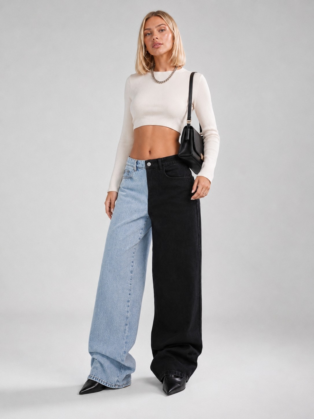 Shevega Kadın Çift Renkli Mavi Siyah Yüksek Bel Baggy Jeans Salaş Kot Pantolon