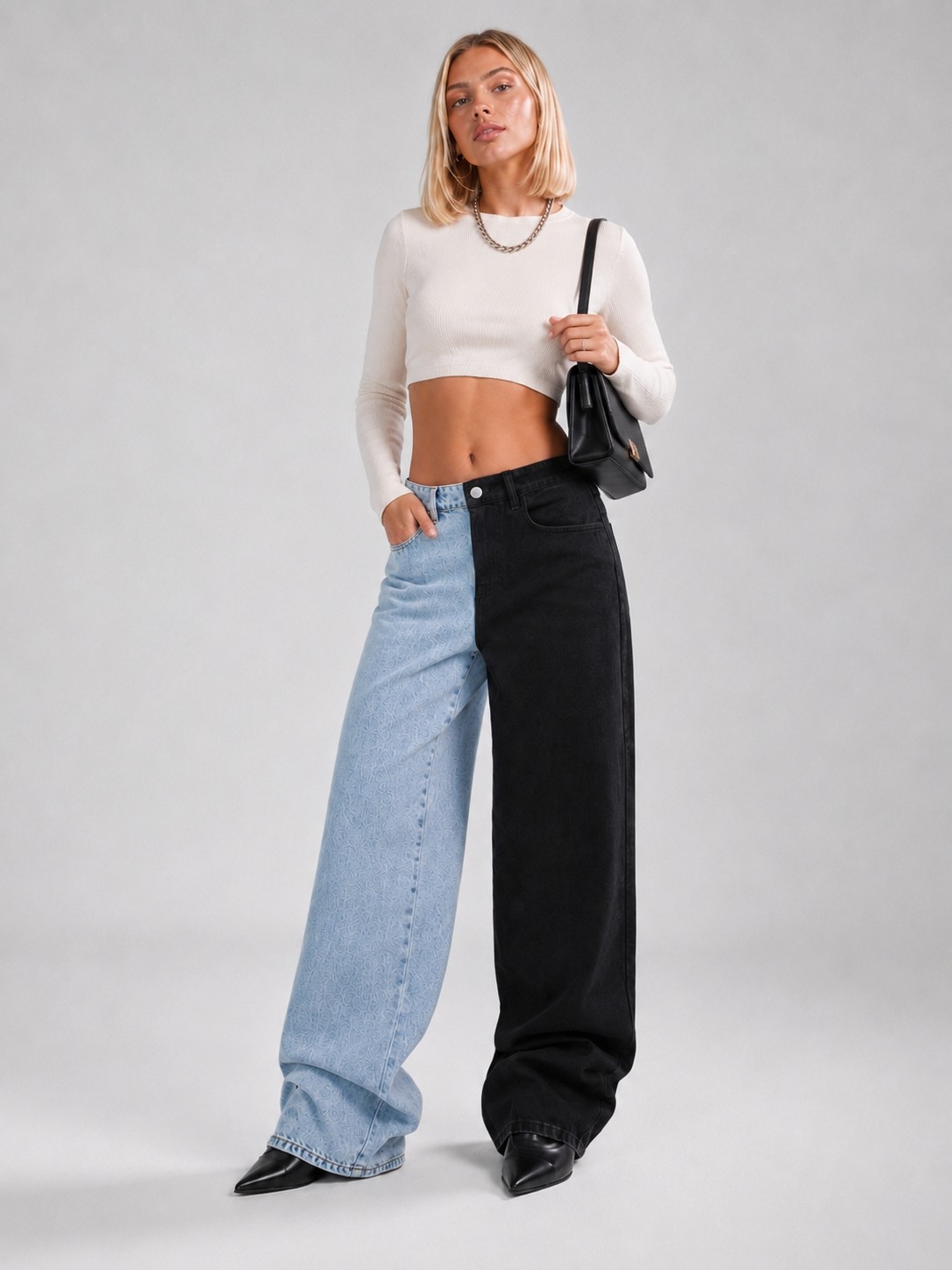 Shevega Kadın Çift Renkli Mavi Siyah Yüksek Bel Baggy Jeans Salaş Kot Pantolon görsel 3
