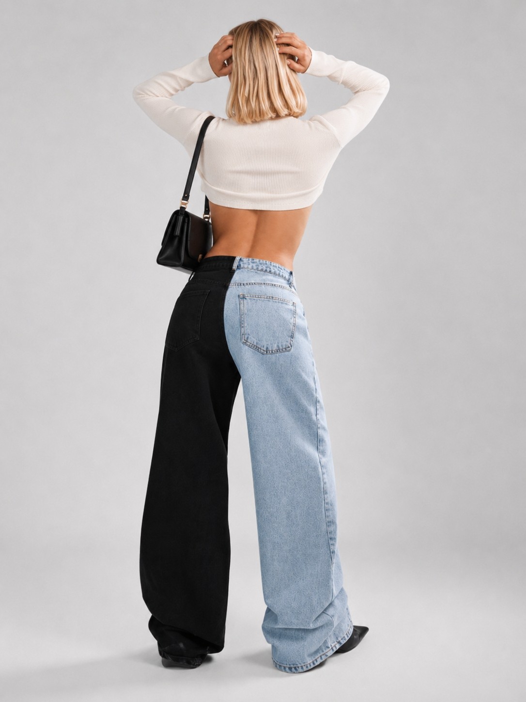 Shevega Kadın Çift Renkli Mavi Siyah Yüksek Bel Baggy Jeans Salaş Kot Pantolon görsel 4