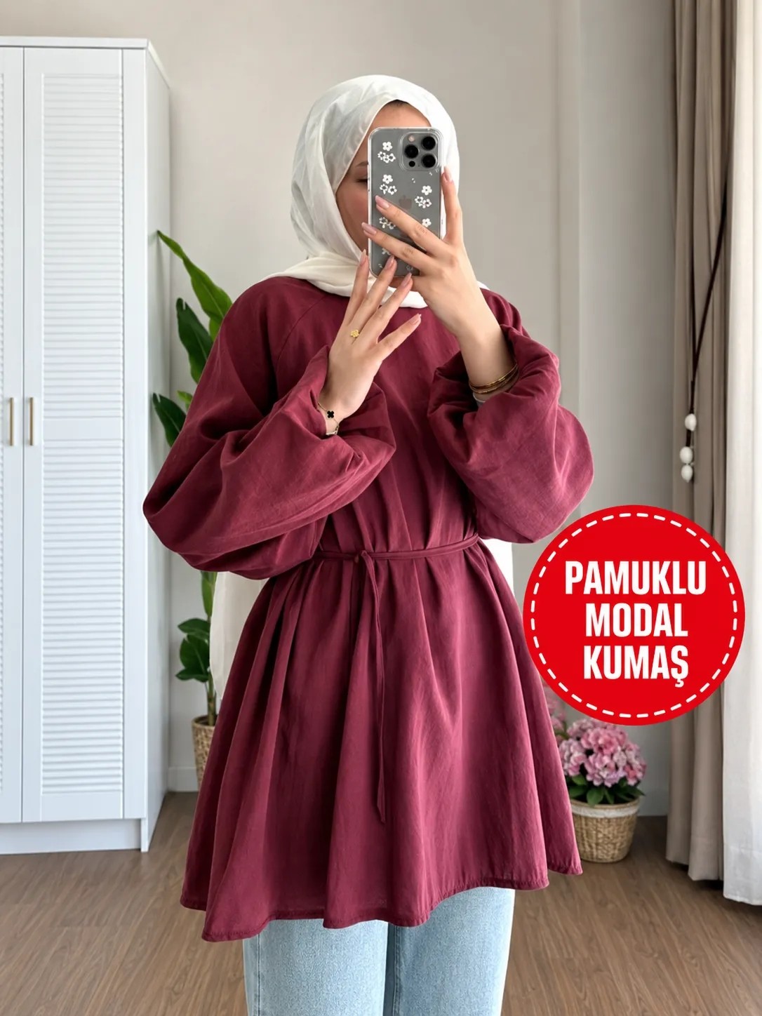 Moonsc Kadın Balon Kol Bel Bağlamalı Tesettür Tunik Modal Kumaş Haki