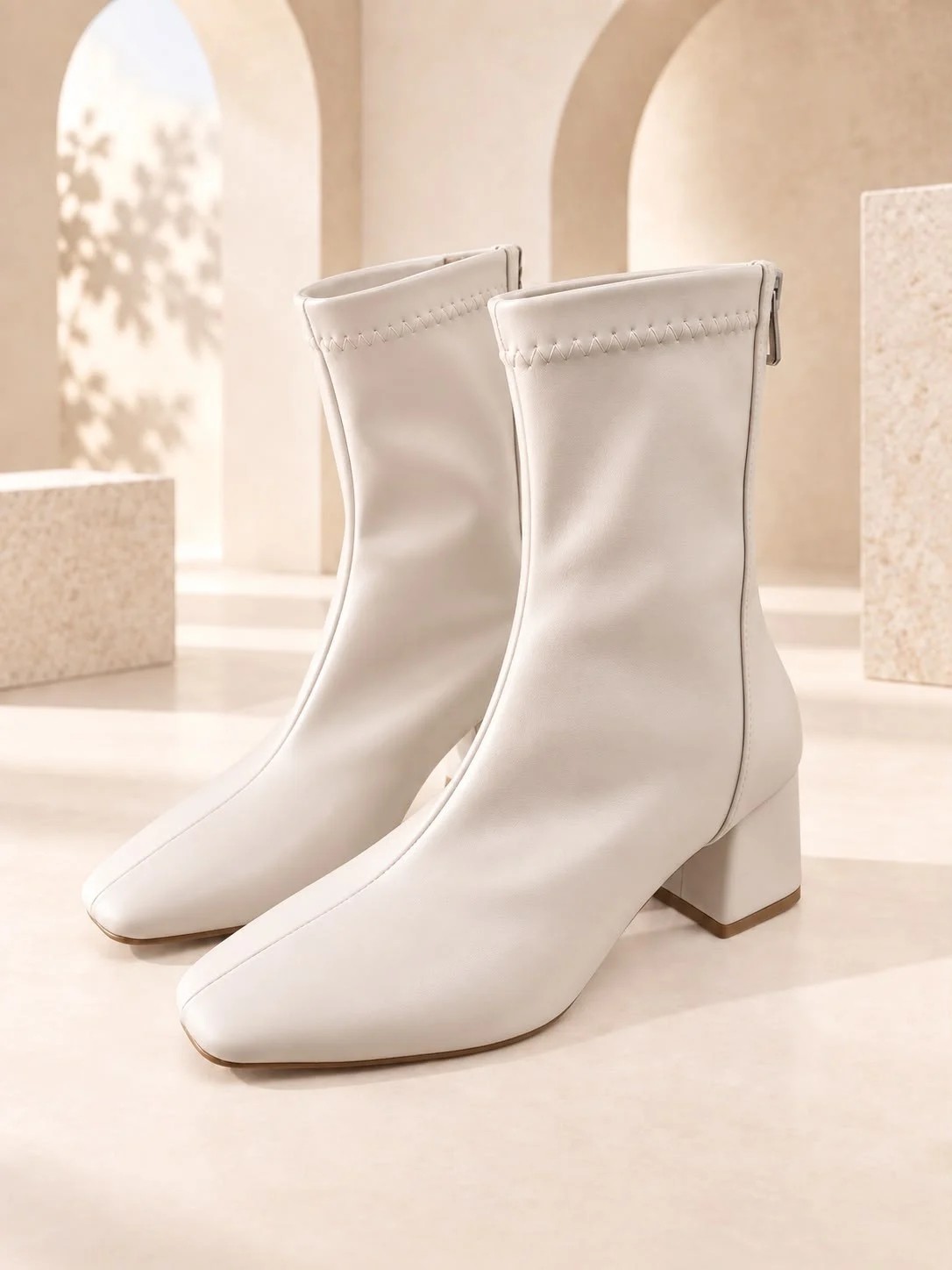 Dabab Shoes Azra Kadın Siyah Streç Cilt Kare Burun Arka Fermuarlı 6 cm Kalın Topuklu Bot Bootie görsel 2