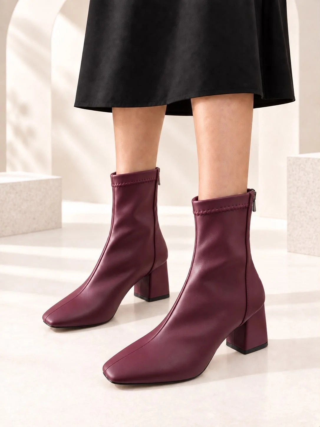Dabab Shoes Azra Kadın Siyah Streç Cilt Kare Burun Arka Fermuarlı 6 cm Kalın Topuklu Bot Bootie görsel 4