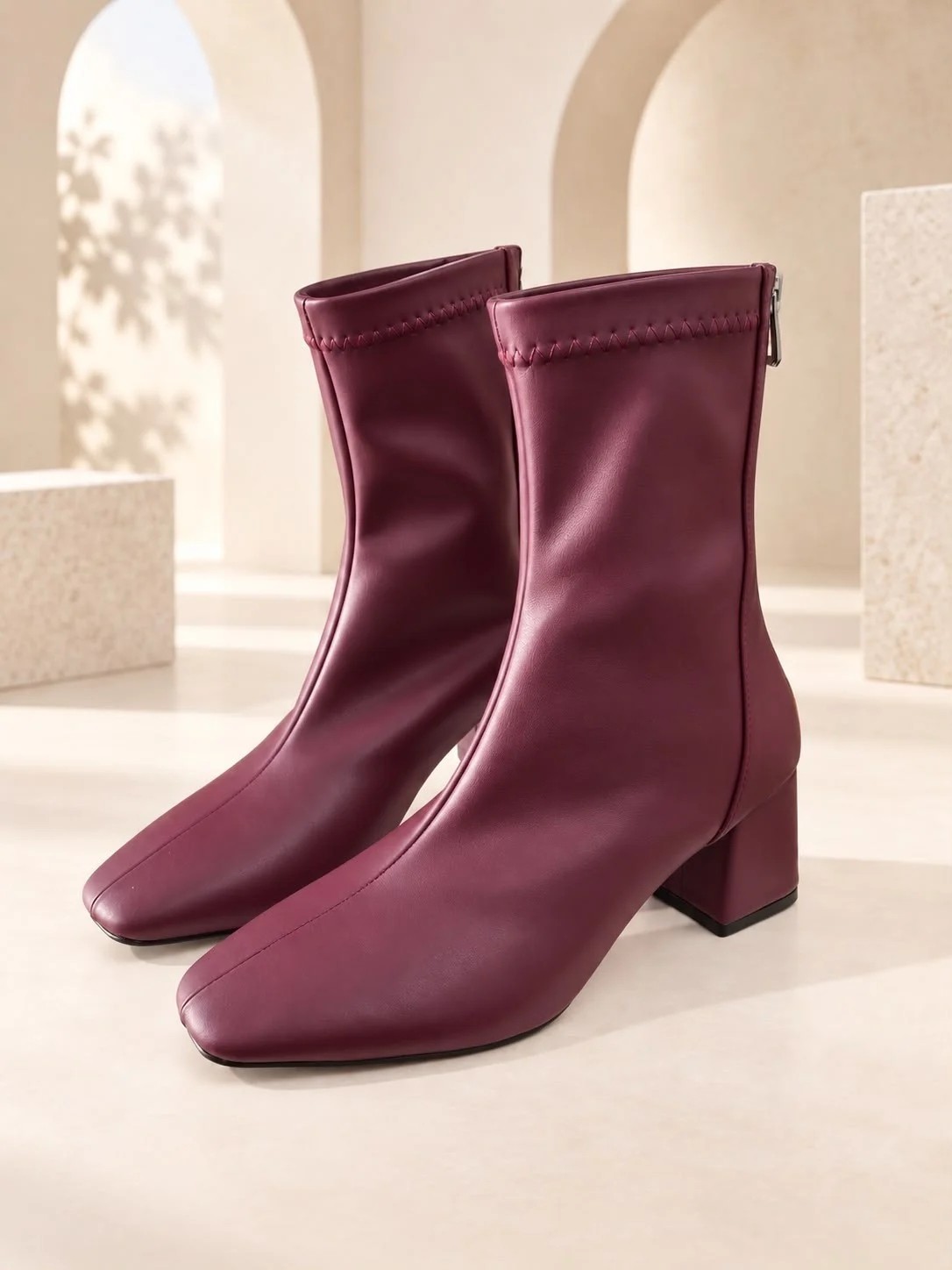 Dabab Shoes Azra Kadın Siyah Streç Cilt Kare Burun Arka Fermuarlı 6 cm Kalın Topuklu Bot Bootie görsel 5