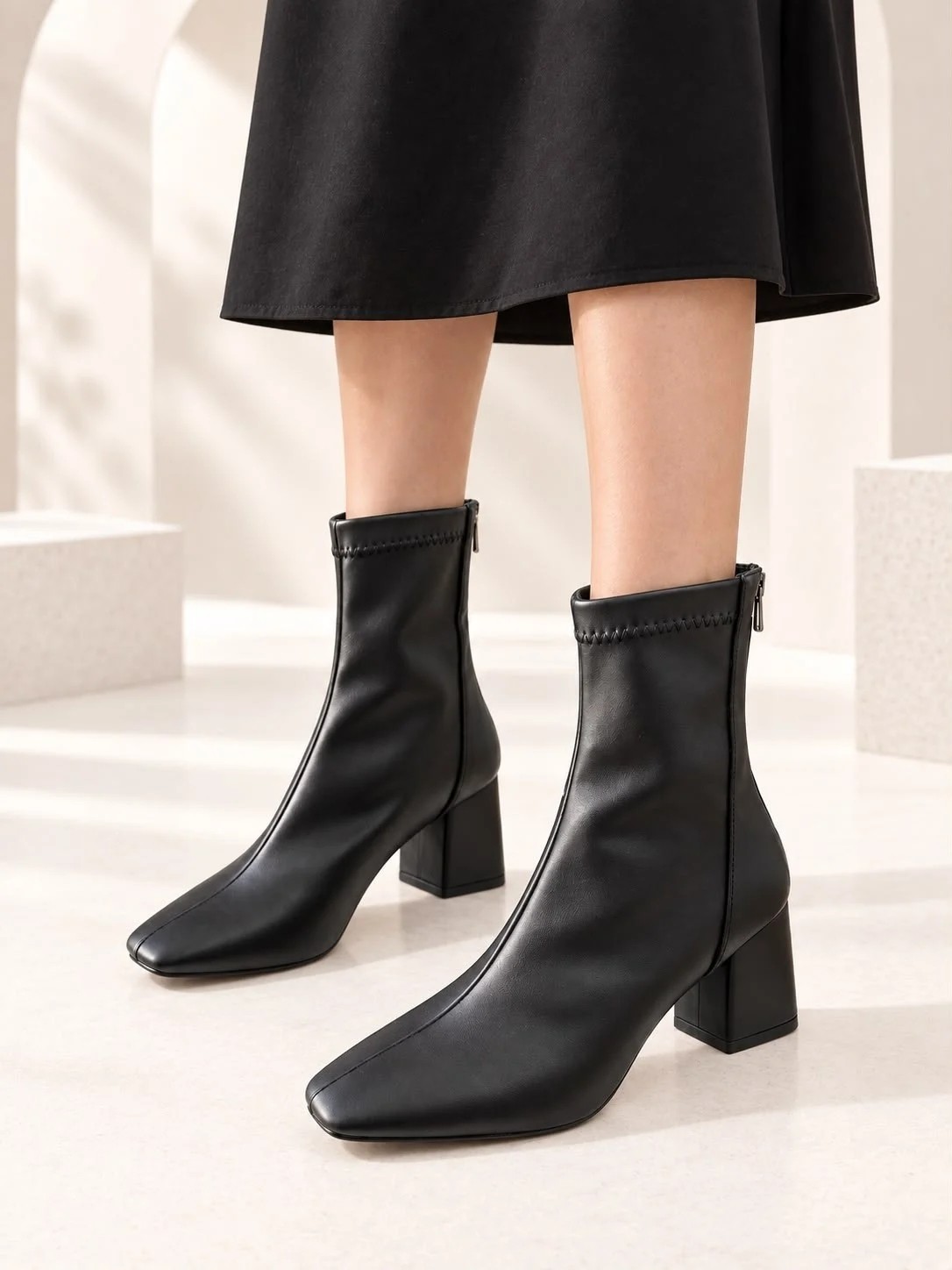 Dabab Shoes Azra Kadın Siyah Streç Cilt Kare Burun Arka Fermuarlı 6 cm Kalın Topuklu Bot Bootie görsel 7