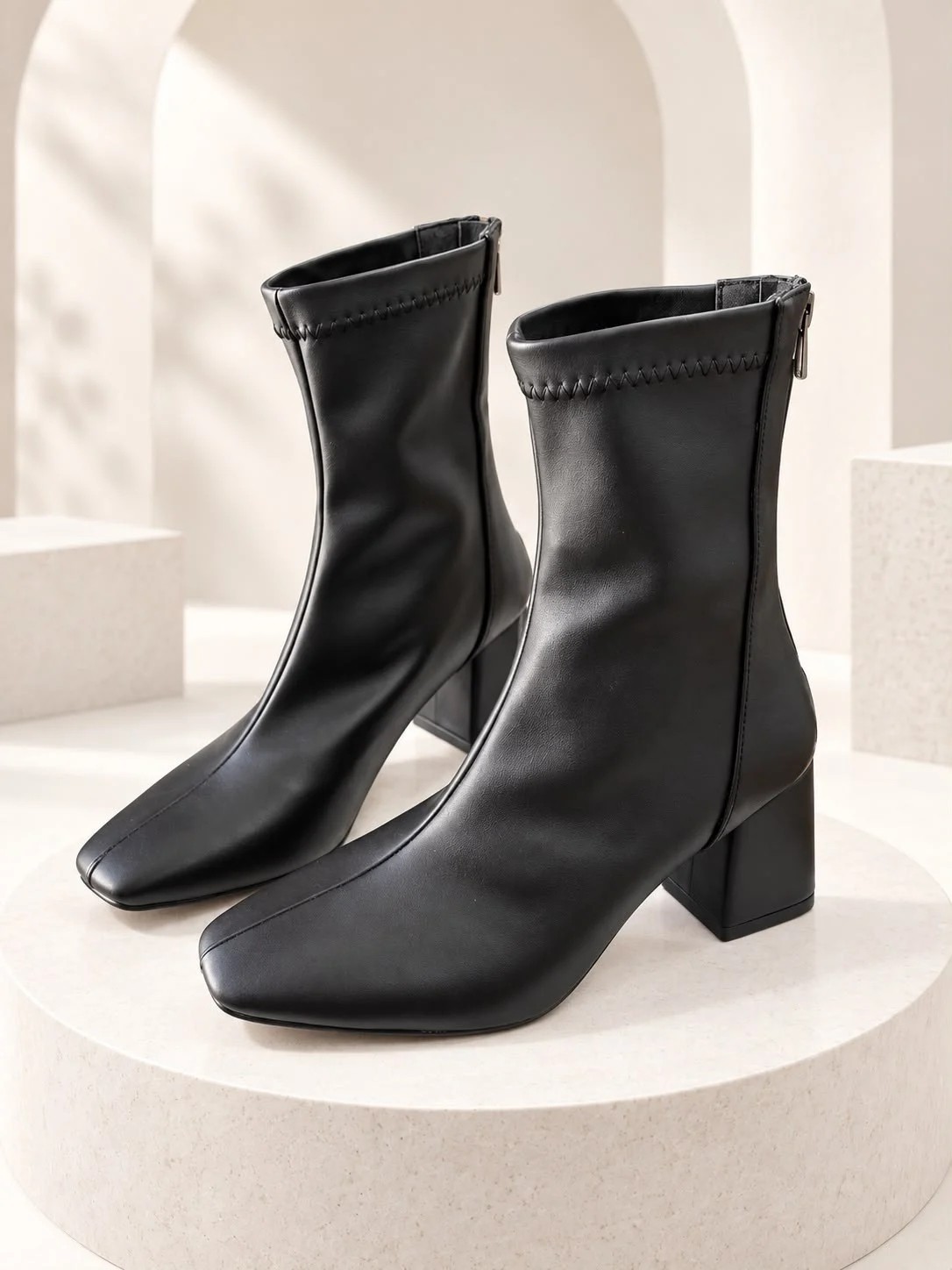 Dabab Shoes Azra Kadın Siyah Streç Cilt Kare Burun Arka Fermuarlı 6 cm Kalın Topuklu Bot Bootie görsel 8