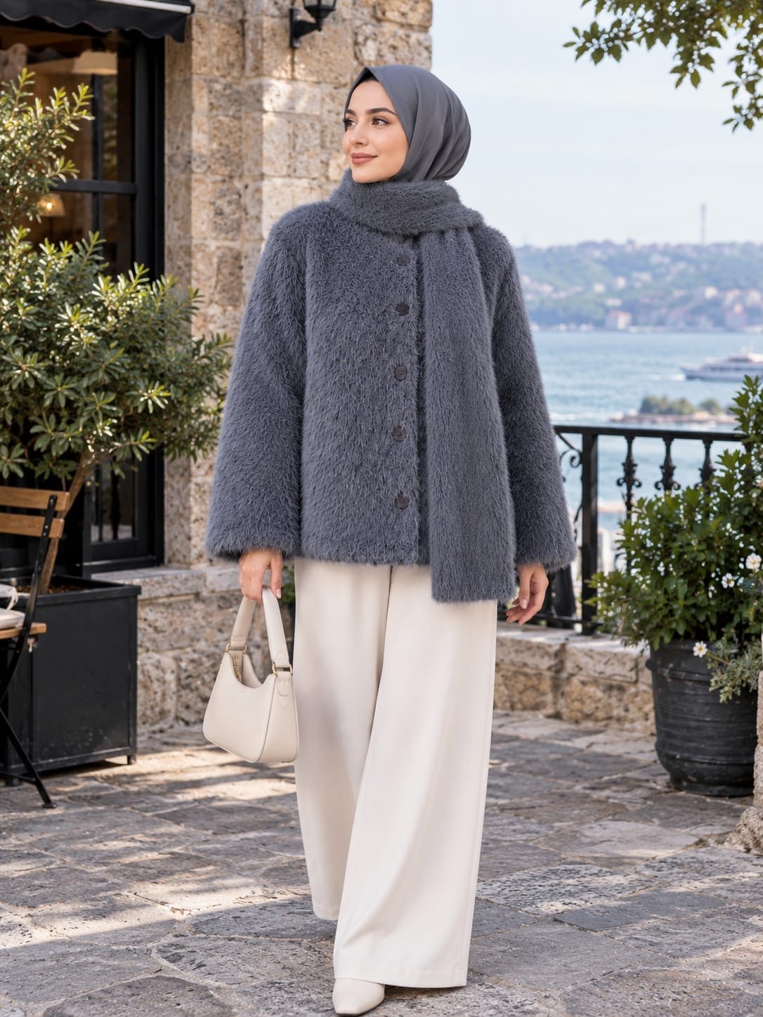 Şık ve Mutlu Bordo Atkı Aksesuarlı Midi Tesettür Kürk Kaban