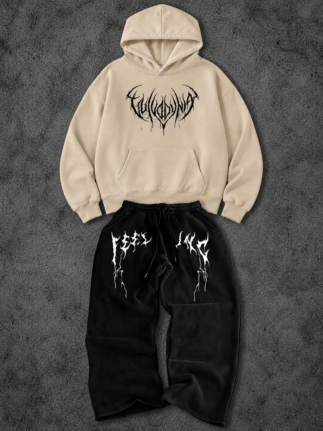Macklin Unisex Kadın Erkek Feeling Yazı Baskılı Oversize 3 Iplik Kapüşonlu Hoodie ve Baggy Eşofman Altı görsel 5