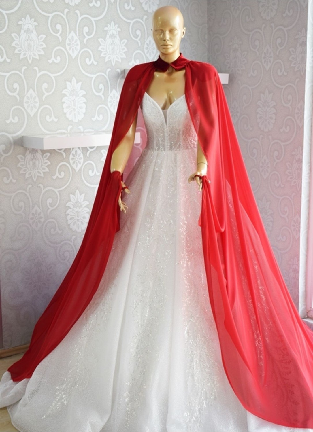 Paris in Paris Kırmızı Şifon Kaftan-Gelinlik Üstü Pelerin-Bindallı-Şifon Kaftan-Kırmızı Kına Elbisesi