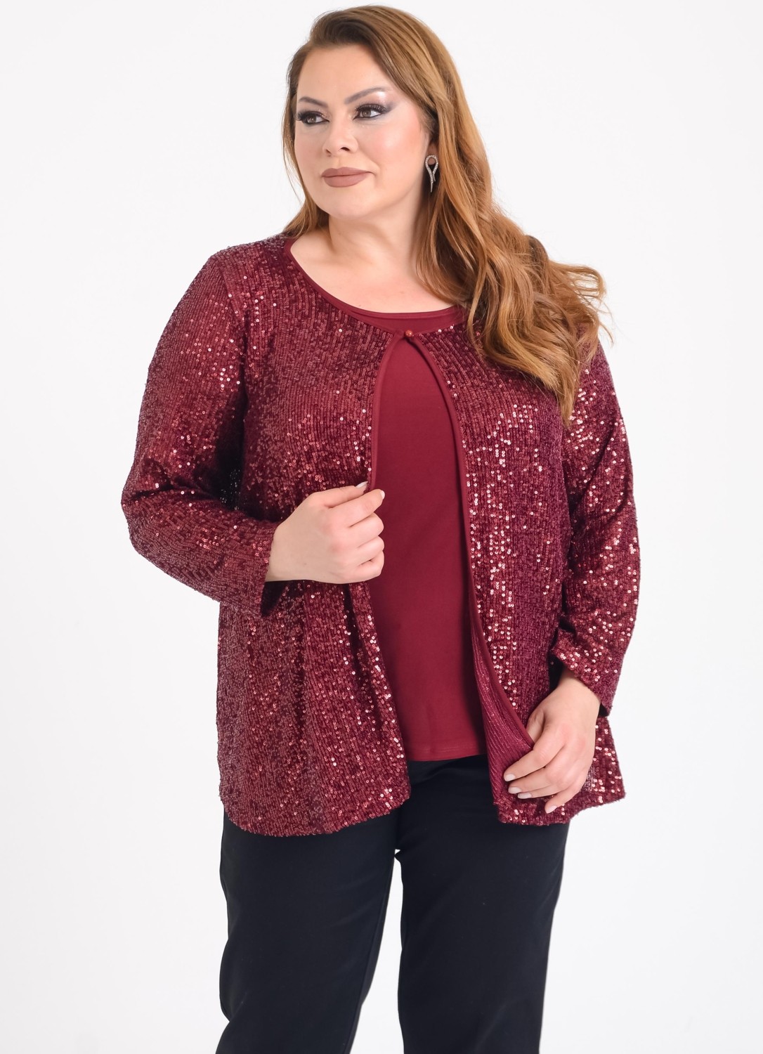 Lilas Xxl Büyük Beden Bordo Renkli Pul Payetli Ikili Takım Abiye Bluz