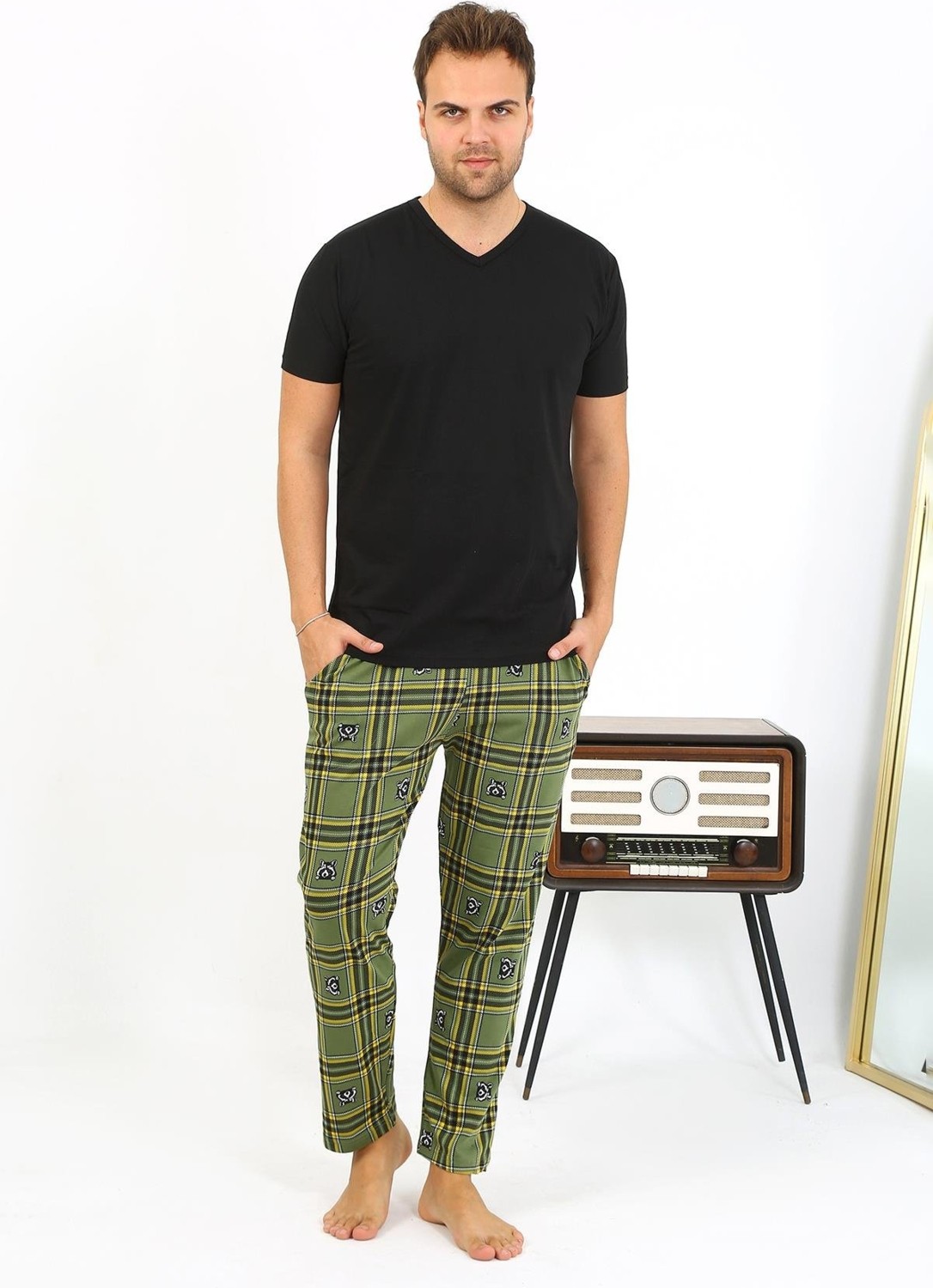 Akbeniz Erkek Ekoseli Desen Penye Tek Alt Pijama 27540 Haki görsel 3