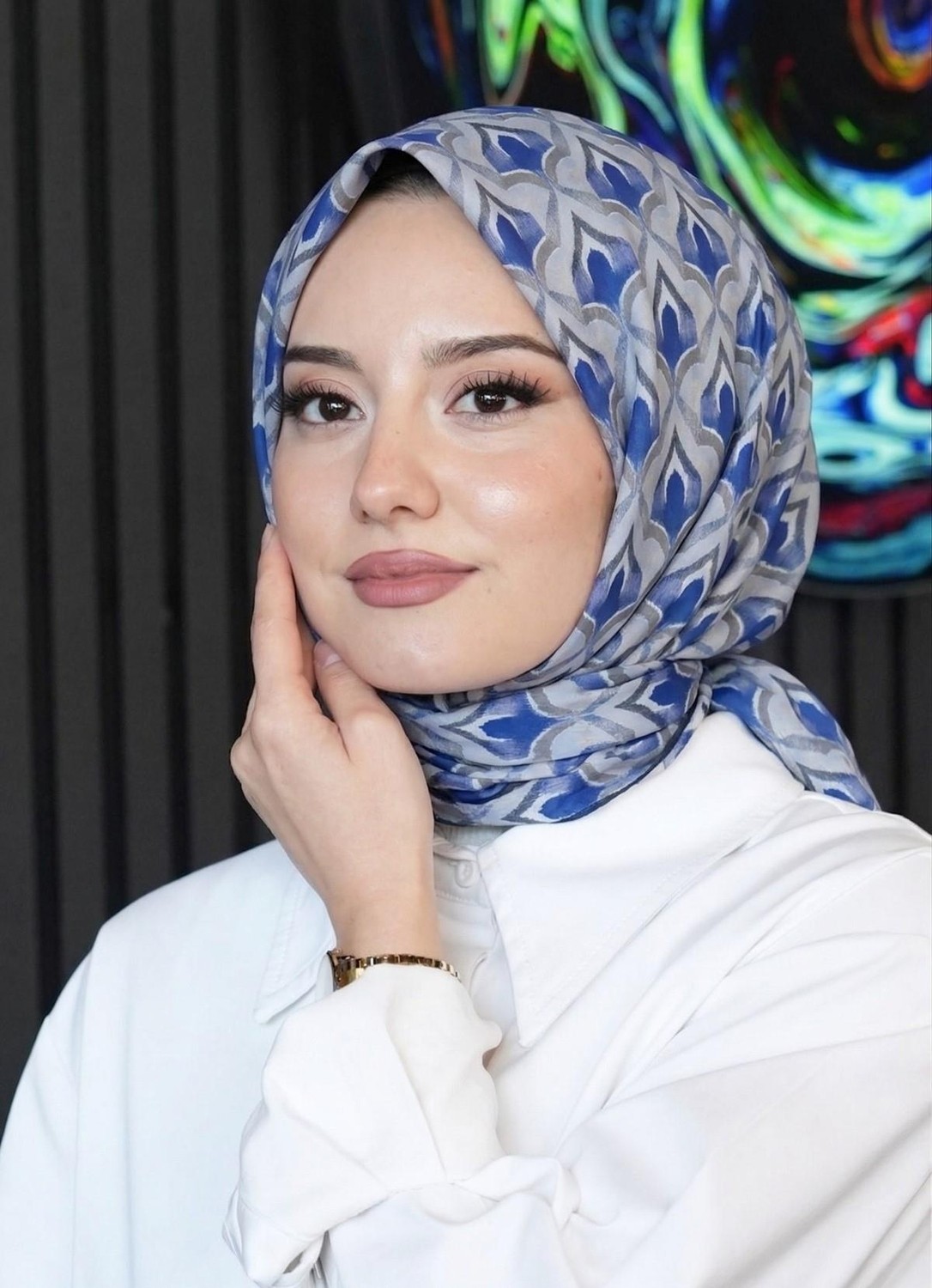 Afvente Mozaik Desen Lacivert Soft Pamuk Eşarp görsel 8