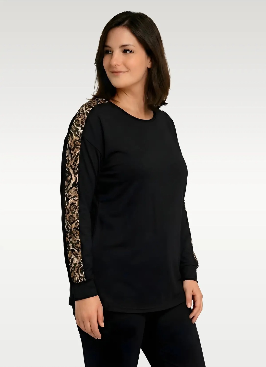 Curvy Trend Büyük Beden Kolüstü Leopar Şerit Uzun Kol Bluz Siyah
