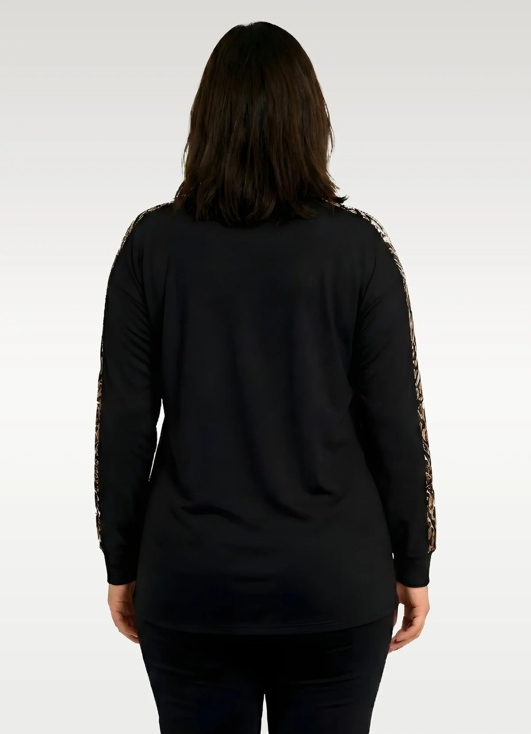 Curvy Trend Büyük Beden Kolüstü Leopar Şerit Uzun Kol Bluz Siyah görsel 2